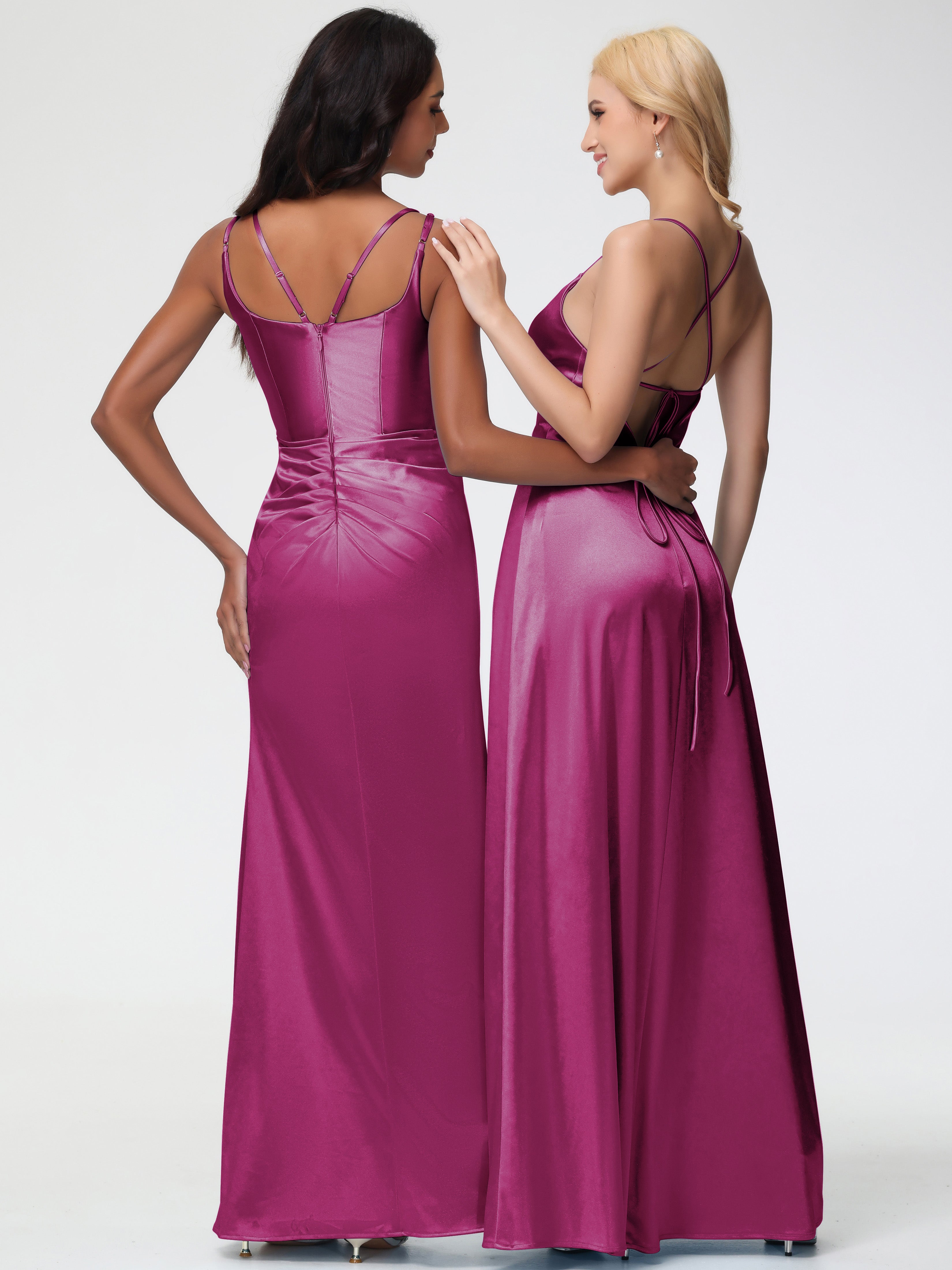 Robe Demoiselle D Honneur Fuchsia Col Rond Fendue Fourreau/Colonne Satin Extensible Robe De Demoiselle D'Honneur