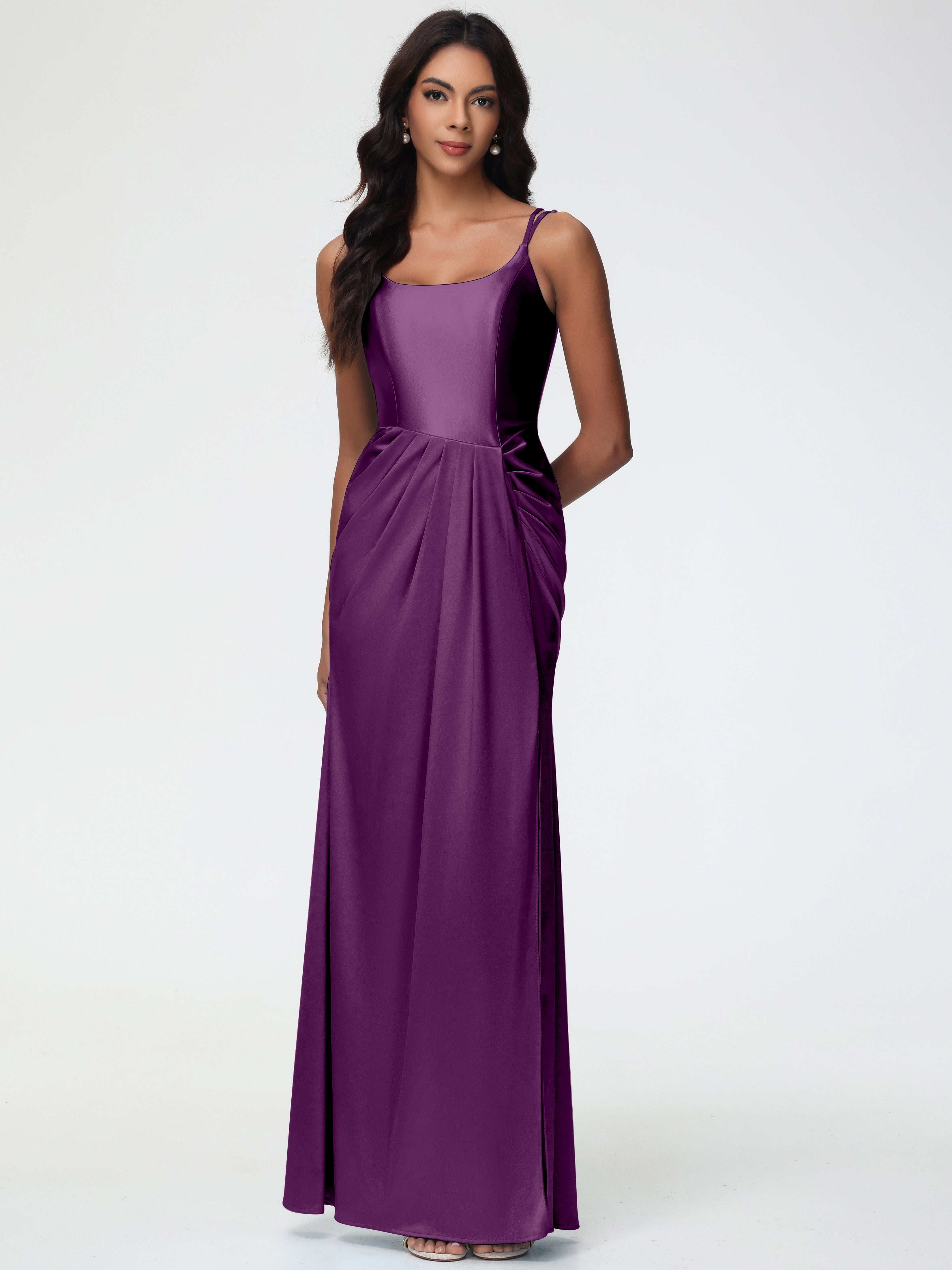 Robes De Demoiselle D'Honneur En Raisin Col Rond Fendue Fourreau/Colonne Satin Extensible Robe De Demoiselle D'Honneur