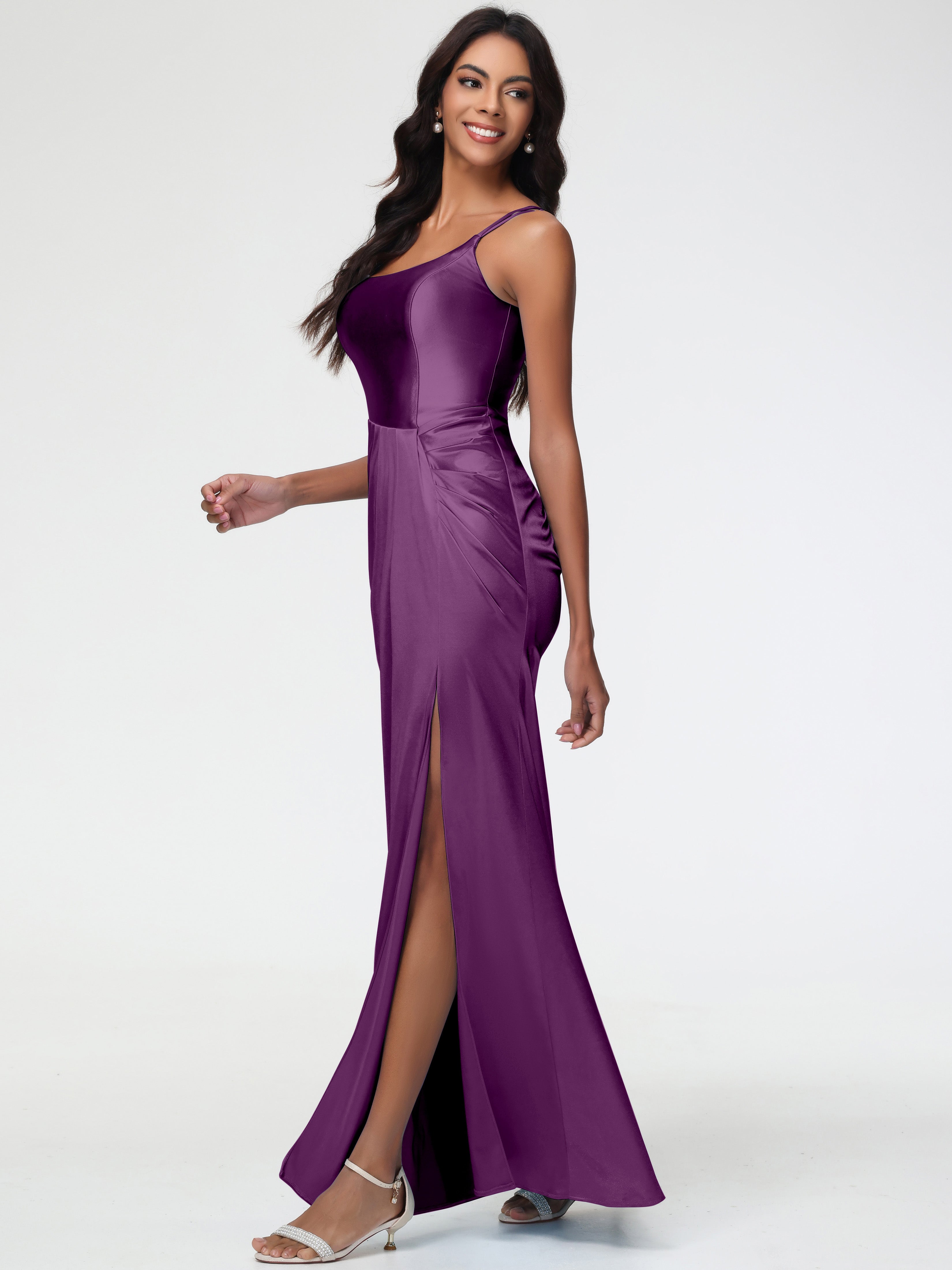 Robes De Demoiselle D'Honneur En Raisin Col Rond Fendue Fourreau/Colonne Satin Extensible Robe De Demoiselle D'Honneur