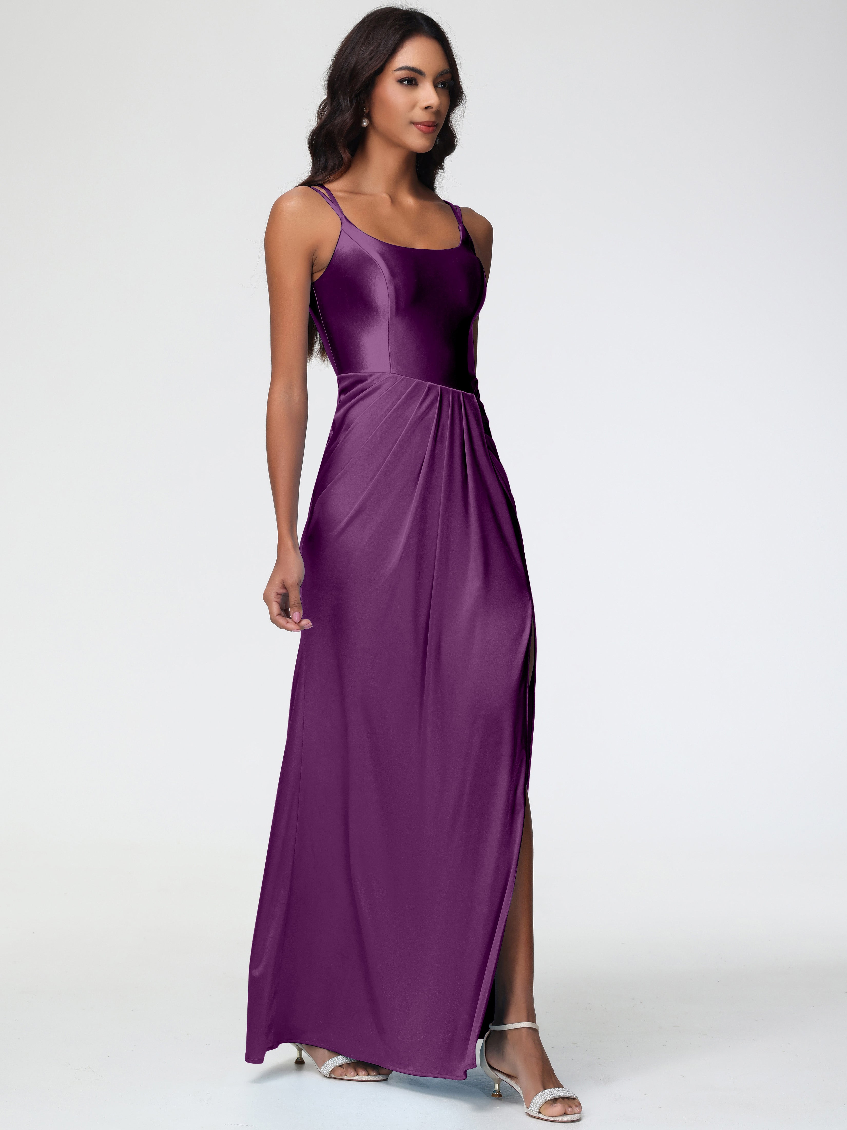 Robes De Demoiselle D'Honneur En Raisin Col Rond Fendue Fourreau/Colonne Satin Extensible Robe De Demoiselle D'Honneur