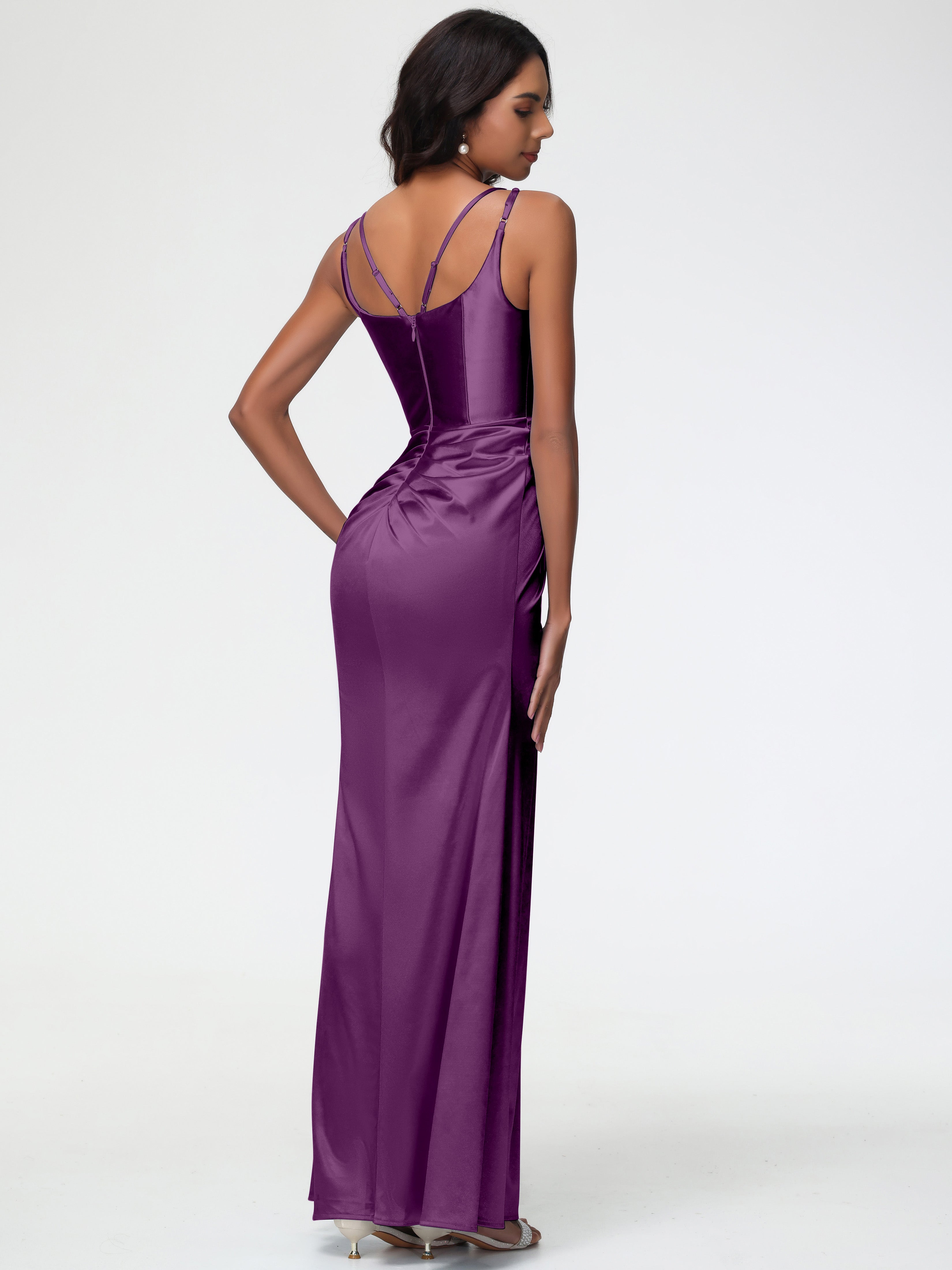 Robes De Demoiselle D'Honneur En Raisin Col Rond Fendue Fourreau/Colonne Satin Extensible Robe De Demoiselle D'Honneur