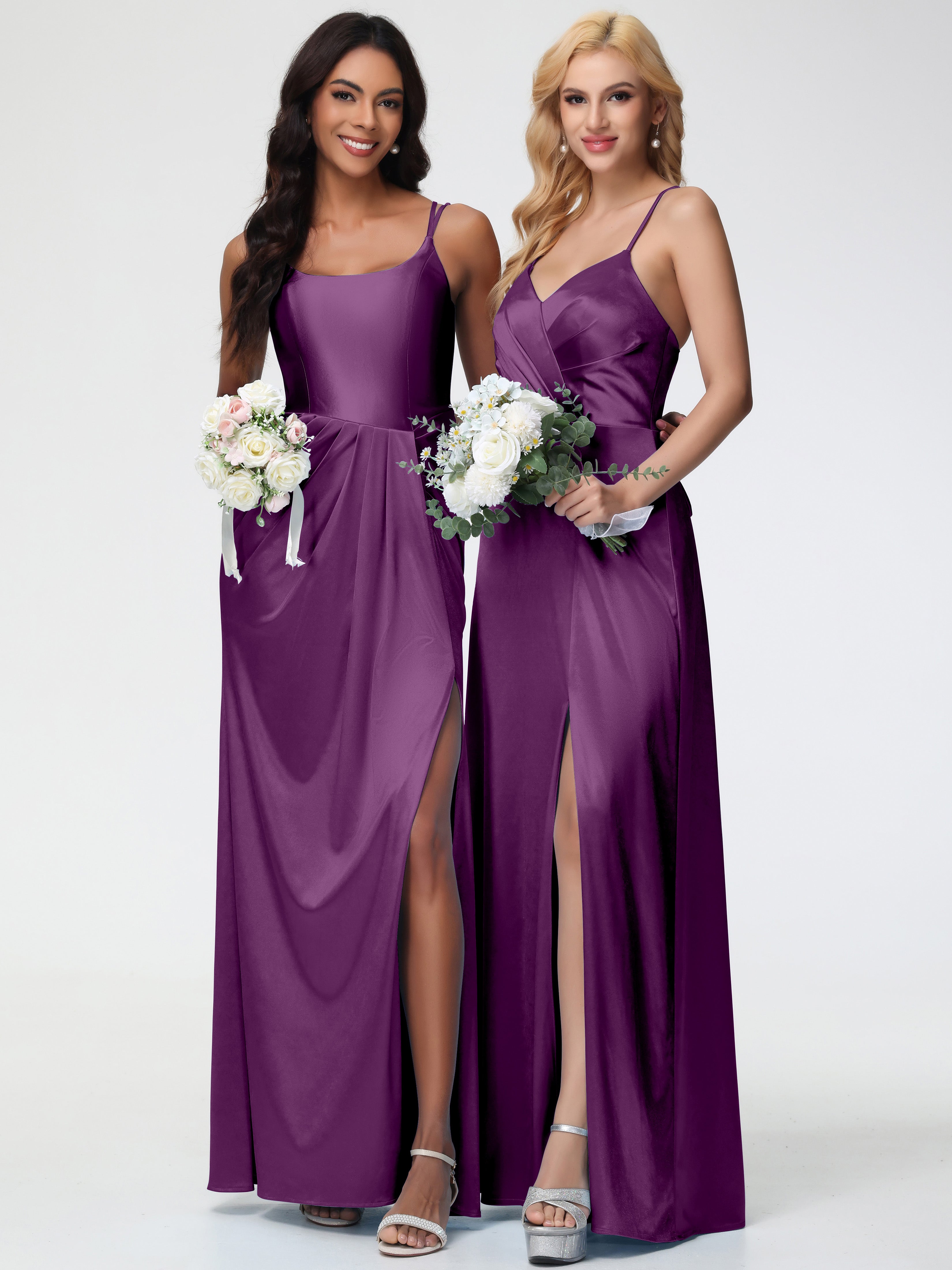 Robes De Demoiselle D'Honneur En Raisin Col Rond Fendue Fourreau/Colonne Satin Extensible Robe De Demoiselle D'Honneur