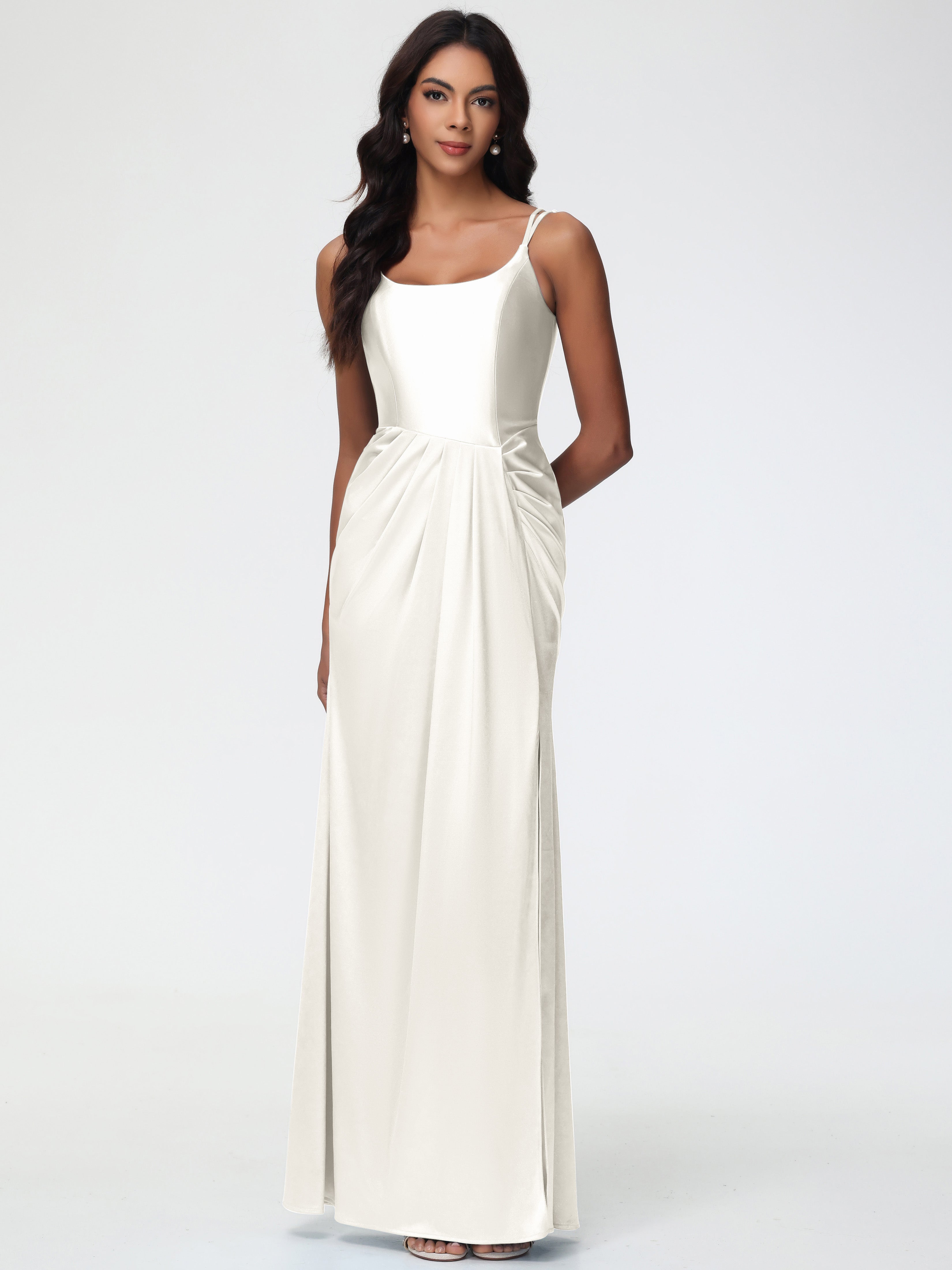 Robe Ivoire Demoiselle D Honneur Col Rond Fendue Fourreau/Colonne Satin Extensible Robe De Demoiselle D'Honneur