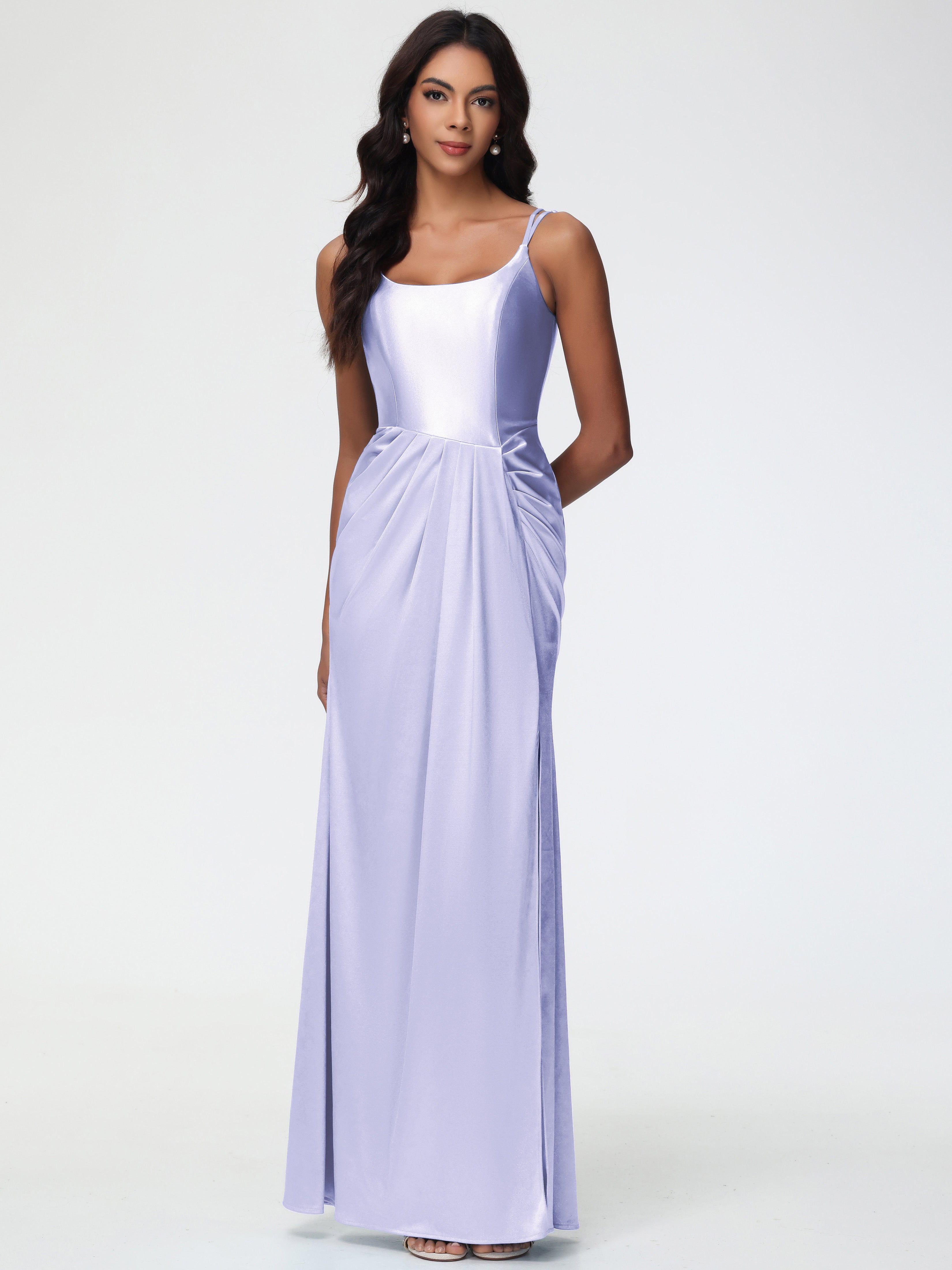 Robe Demoiselle D Honneur Lavande Col Rond Fendue Fourreau/Colonne Satin Extensible Robe De Demoiselle D'Honneur