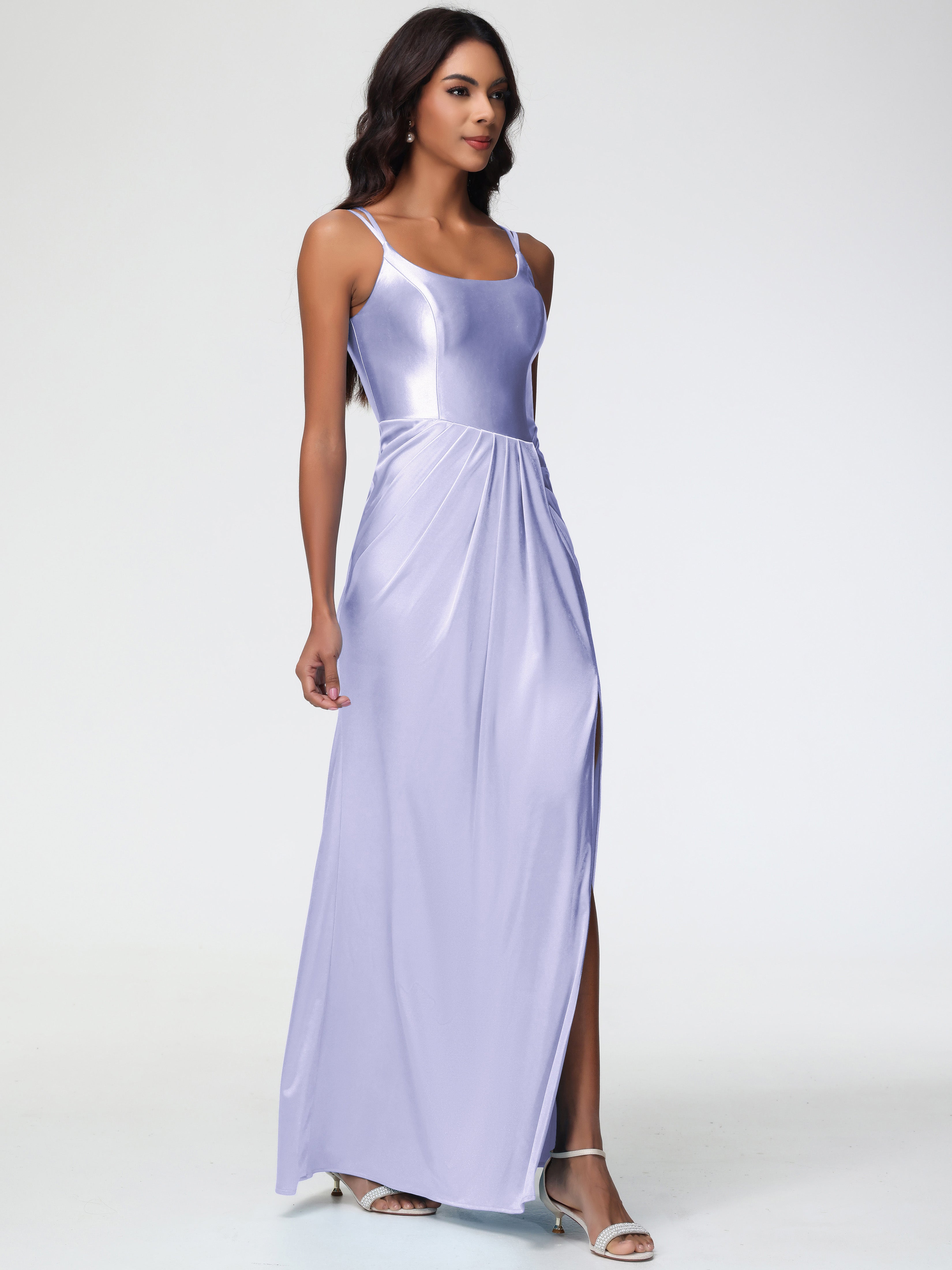 Robe Demoiselle D Honneur Lavande Col Rond Fendue Fourreau/Colonne Satin Extensible Robe De Demoiselle D'Honneur