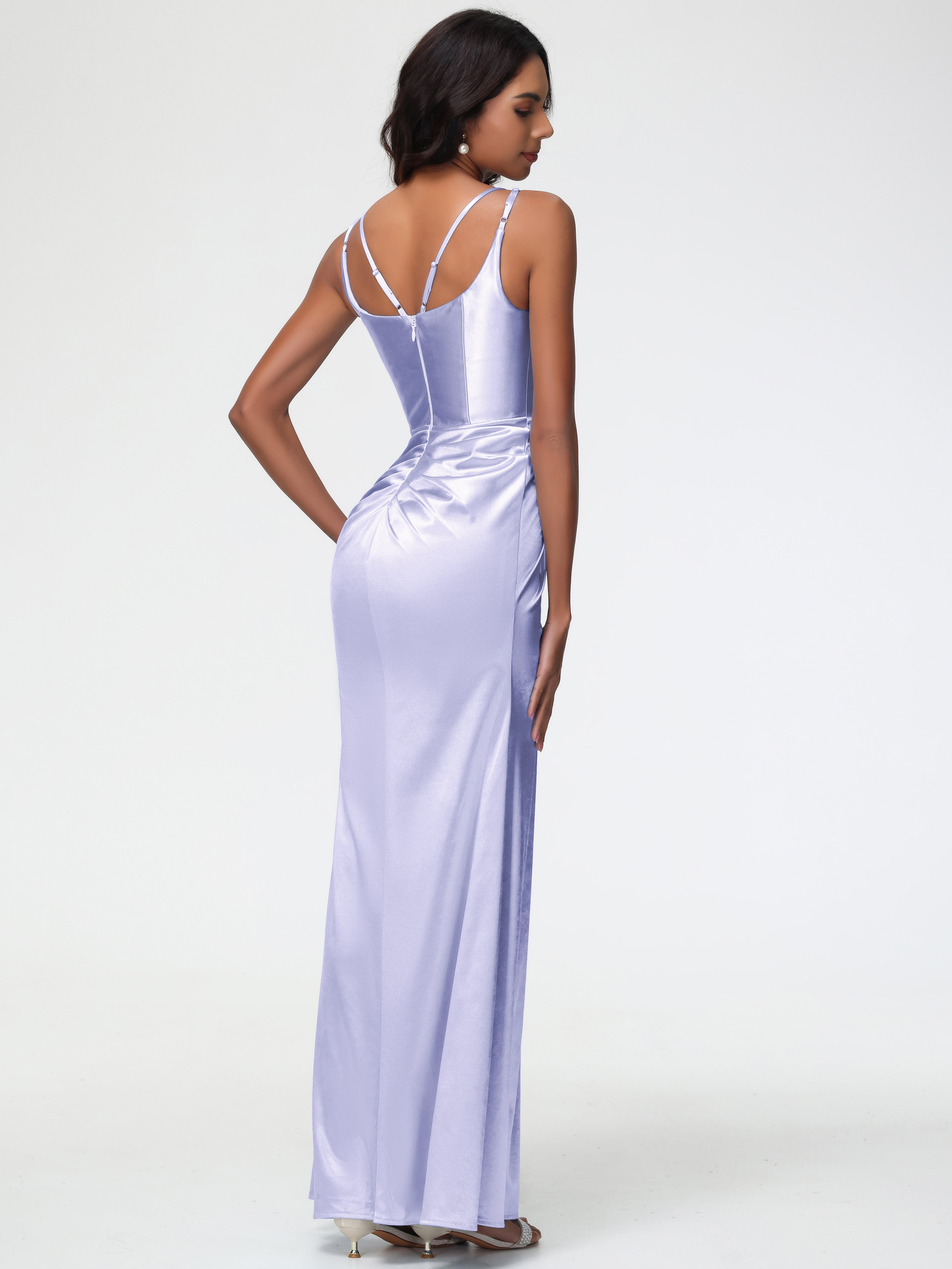 Robe Demoiselle D Honneur Lavande Col Rond Fendue Fourreau/Colonne Satin Extensible Robe De Demoiselle D'Honneur