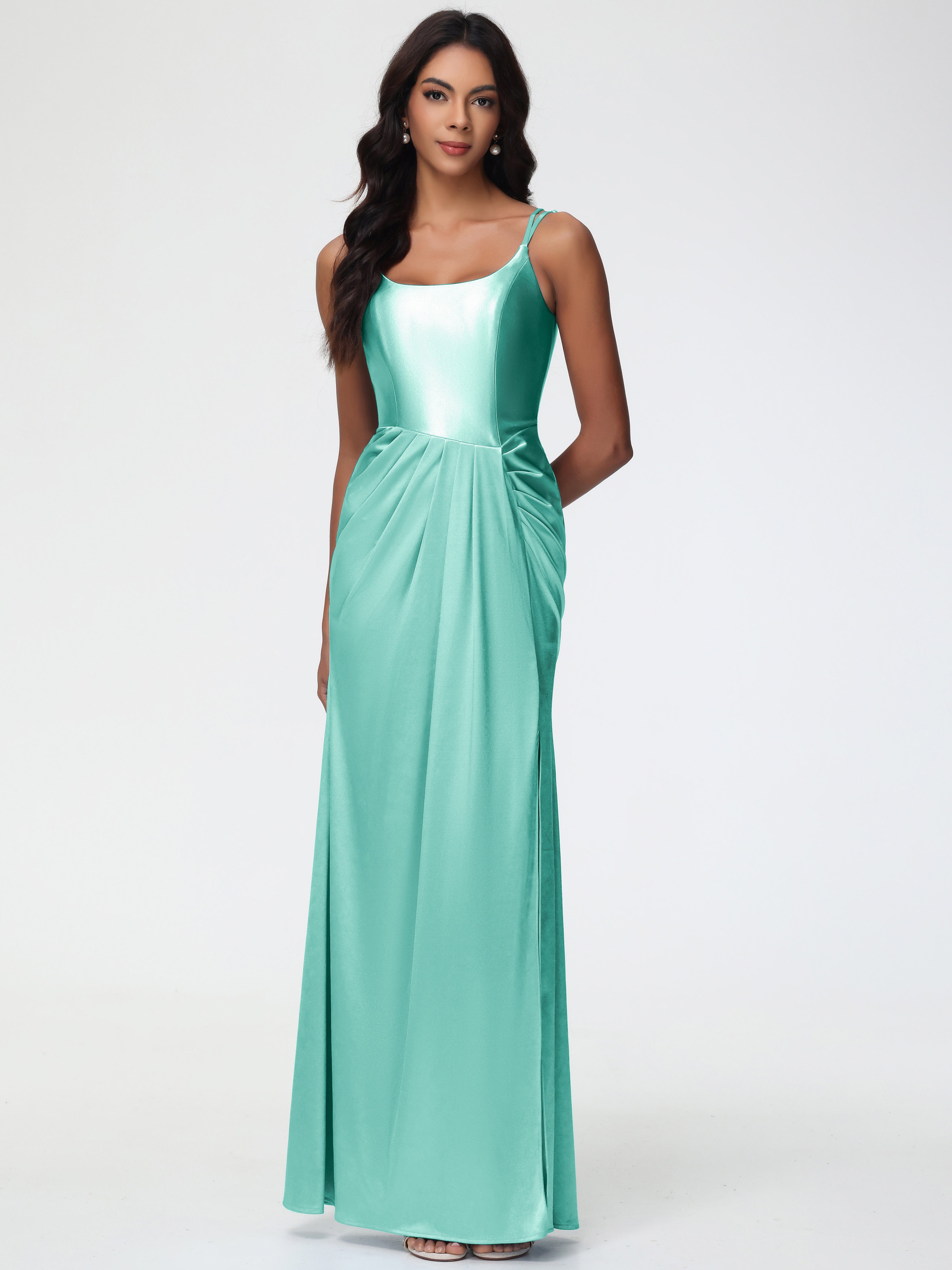 Robe Demoiselle D Honneur Vert Menthe Col Rond Fendue Satin Extensible Robe De Demoiselle D'Honneur