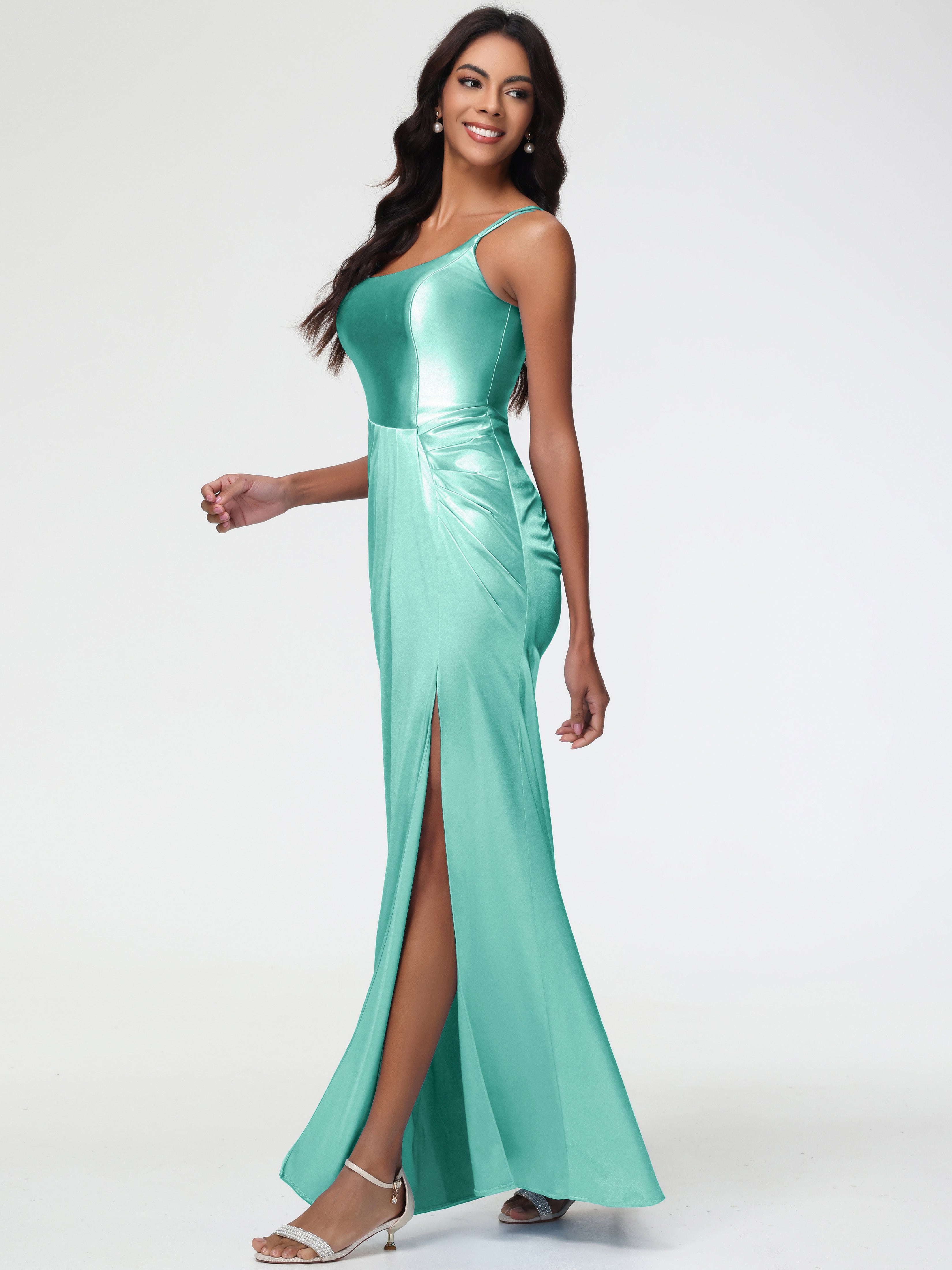 Robe Demoiselle D Honneur Vert Menthe Col Rond Fendue Satin Extensible Robe De Demoiselle D'Honneur