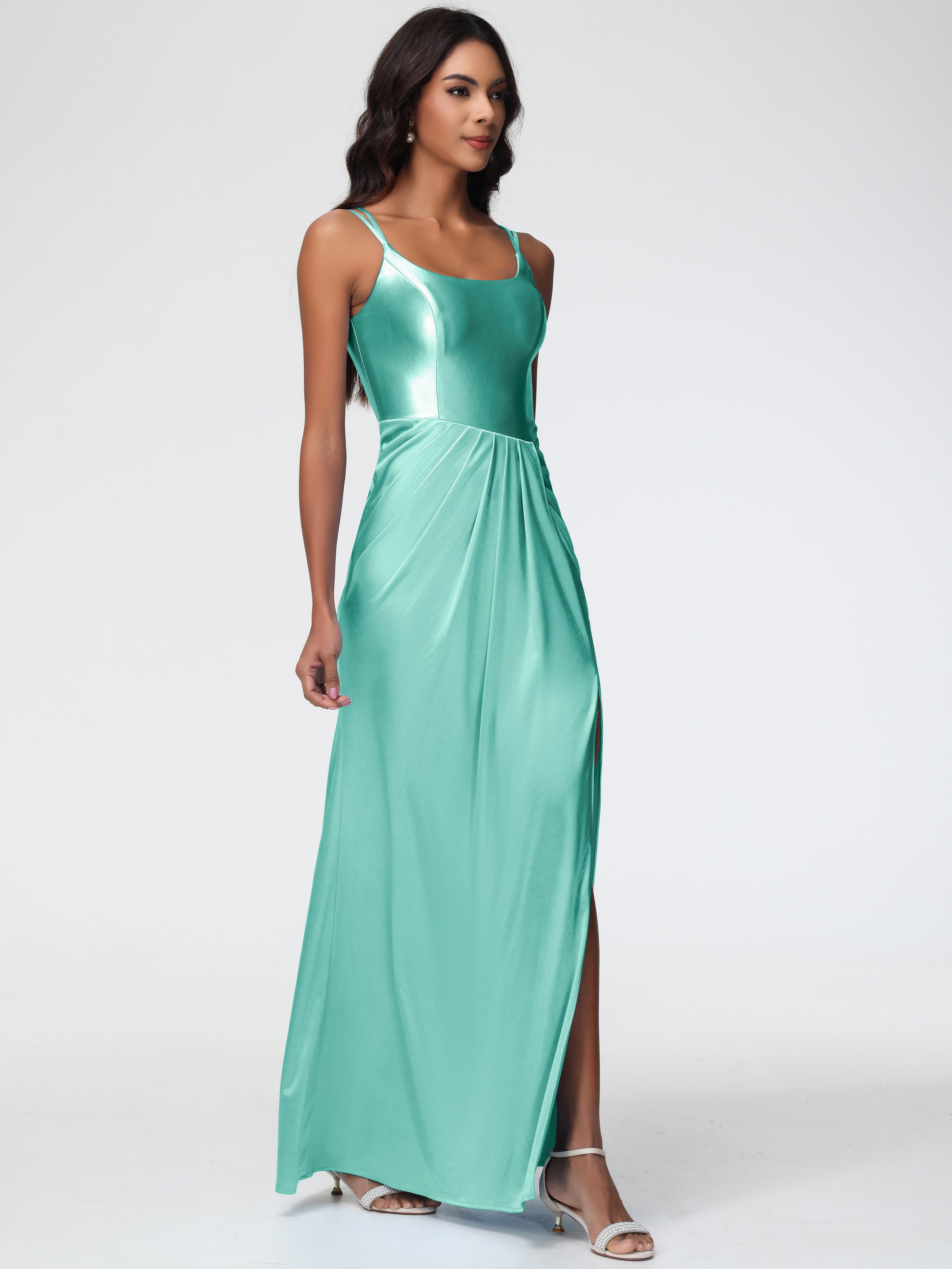 Robe Demoiselle D Honneur Vert Menthe Col Rond Fendue Satin Extensible Robe De Demoiselle D'Honneur