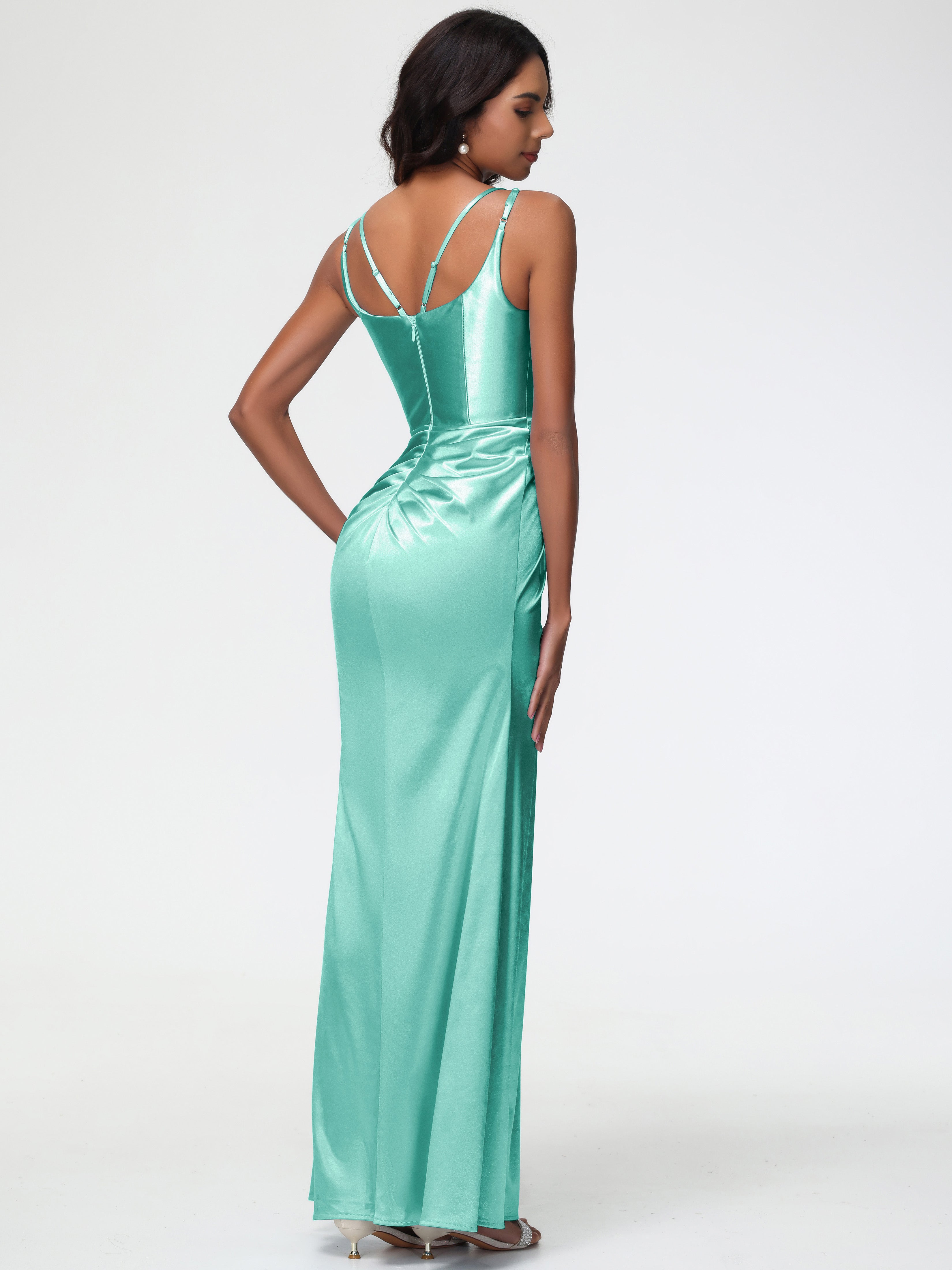 Robe Demoiselle D Honneur Vert Menthe Col Rond Fendue Satin Extensible Robe De Demoiselle D'Honneur