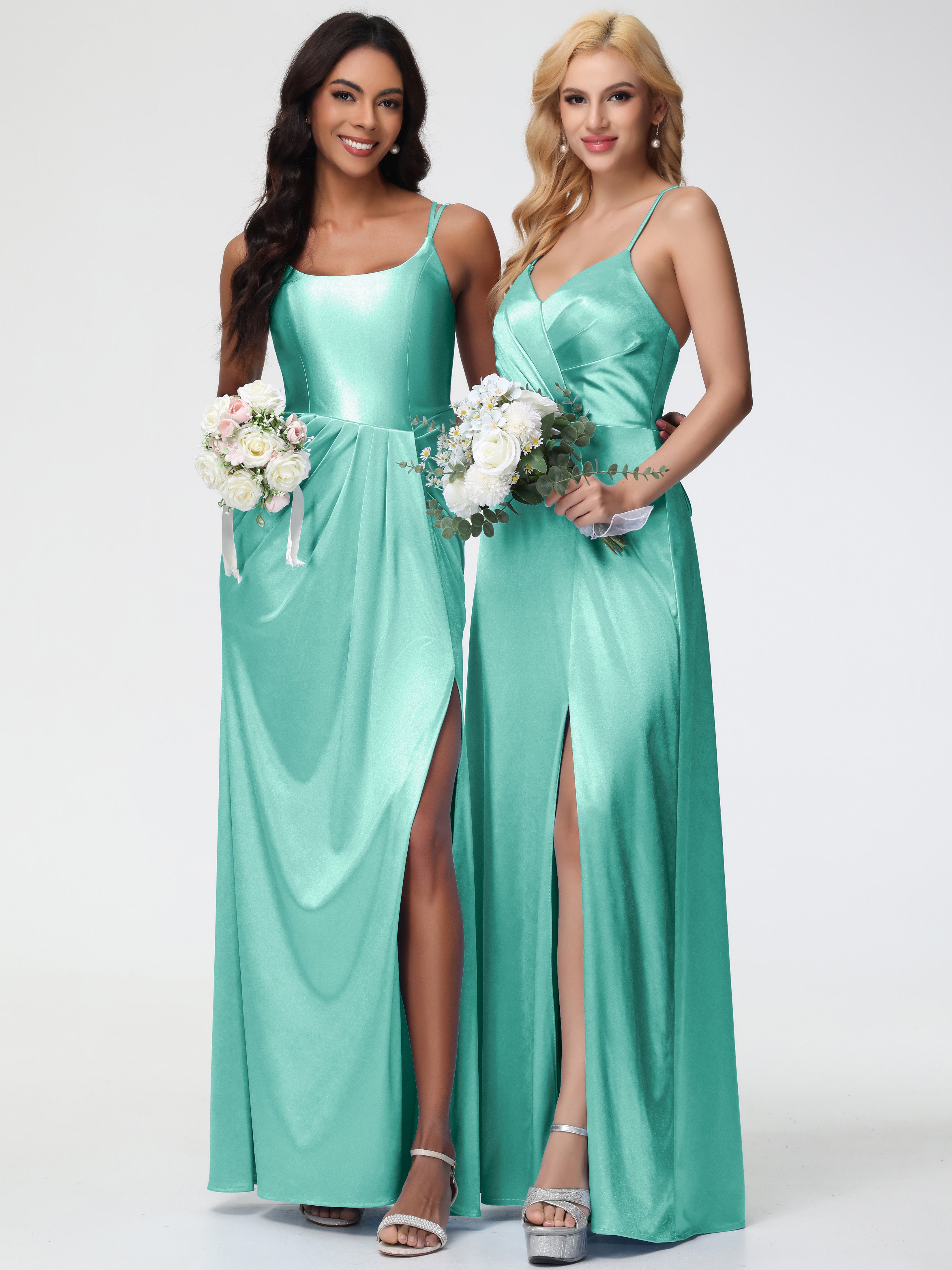 Robe Demoiselle D Honneur Vert Menthe Col Rond Fendue Satin Extensible Robe De Demoiselle D'Honneur
