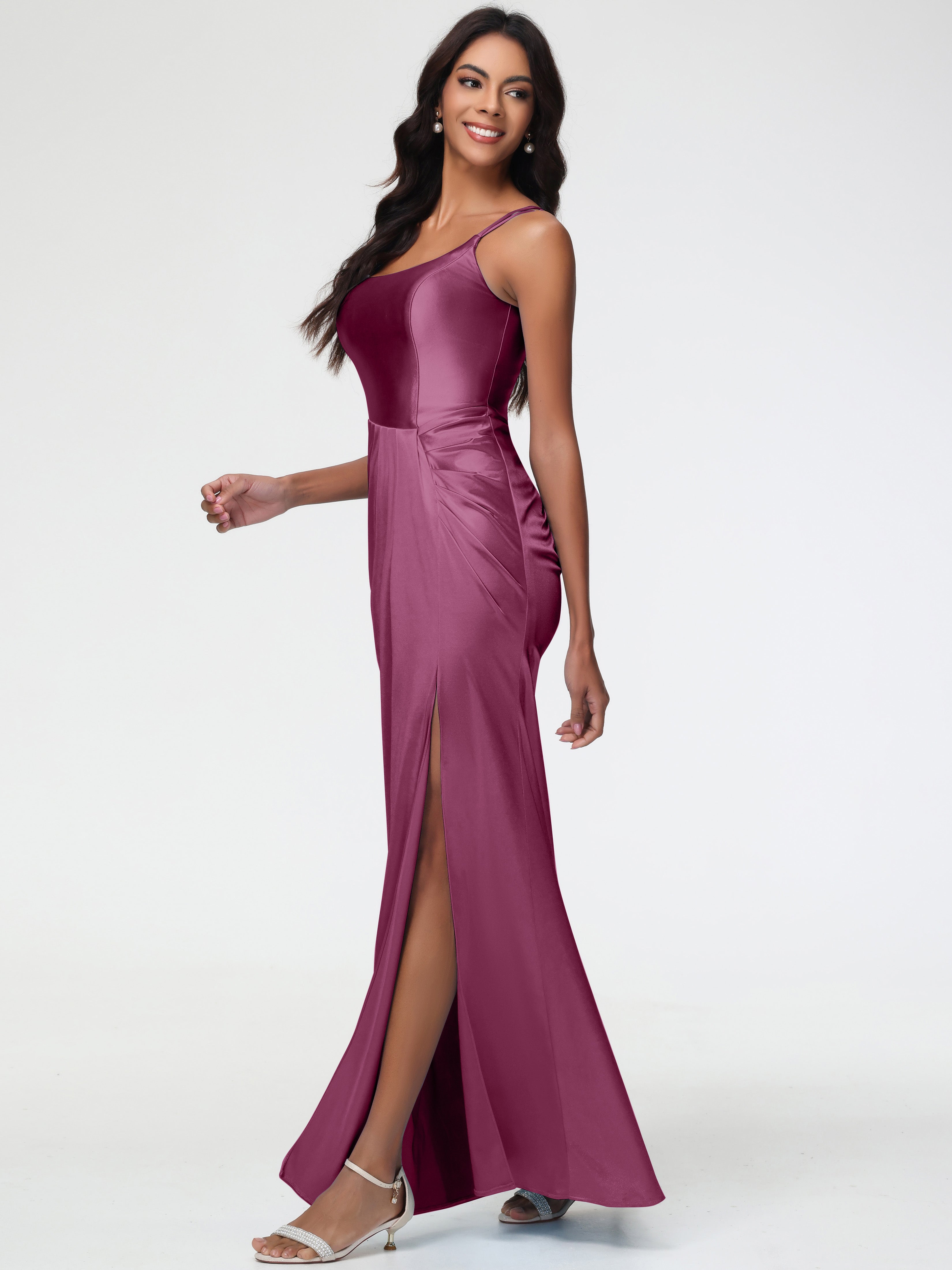 Robes De Demoiselle D'Honneur Mure Col Rond Fendue Fourreau/Colonne Satin Extensible Robe De Demoiselle D'Honneur