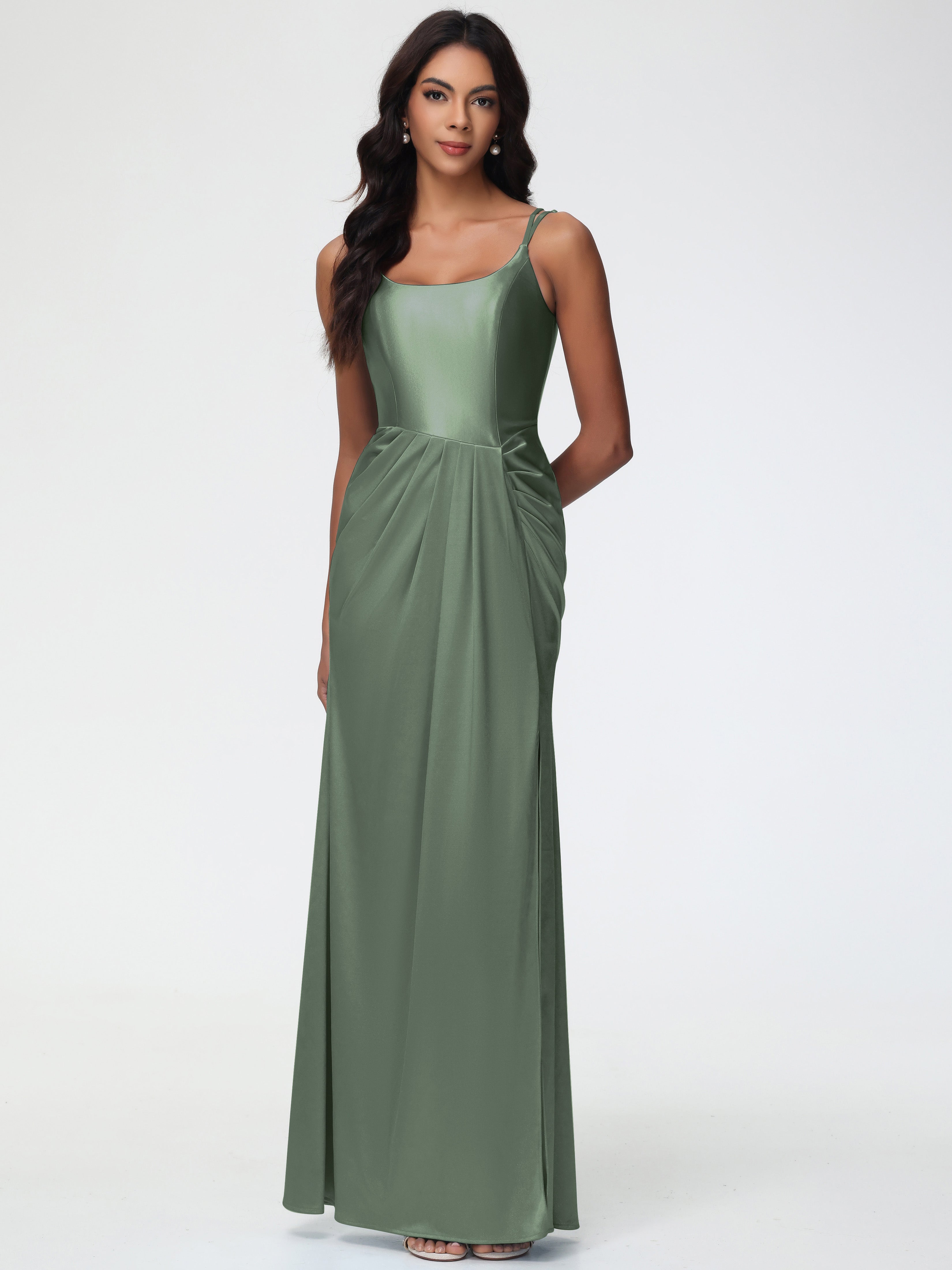 Robe De Demoiselle D Honneur Vert Olive Col Rond Fendue Satin Extensible Robe De Demoiselle D'Honneur
