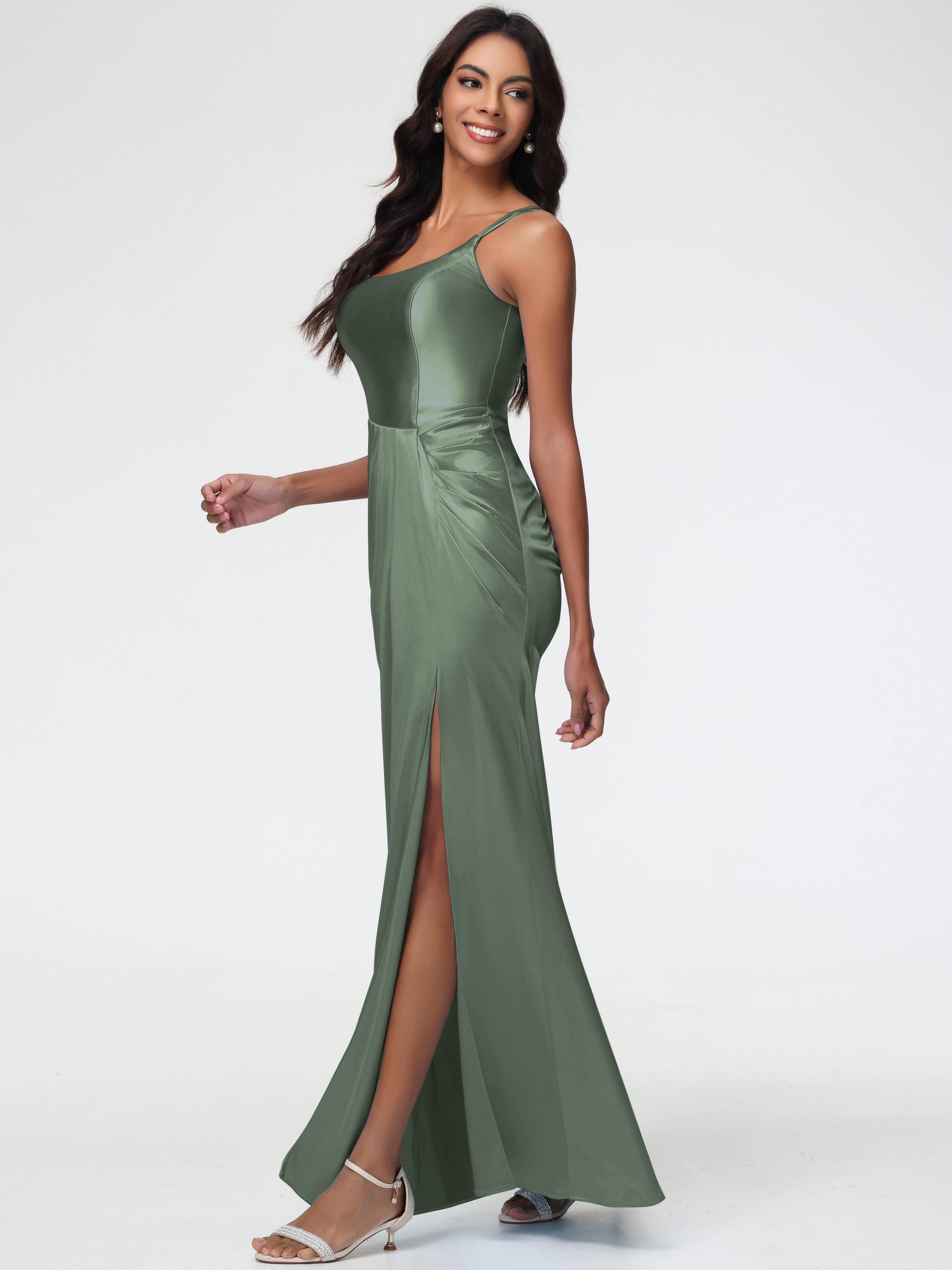 Robe De Demoiselle D Honneur Vert Olive Col Rond Fendue Satin Extensible Robe De Demoiselle D'Honneur