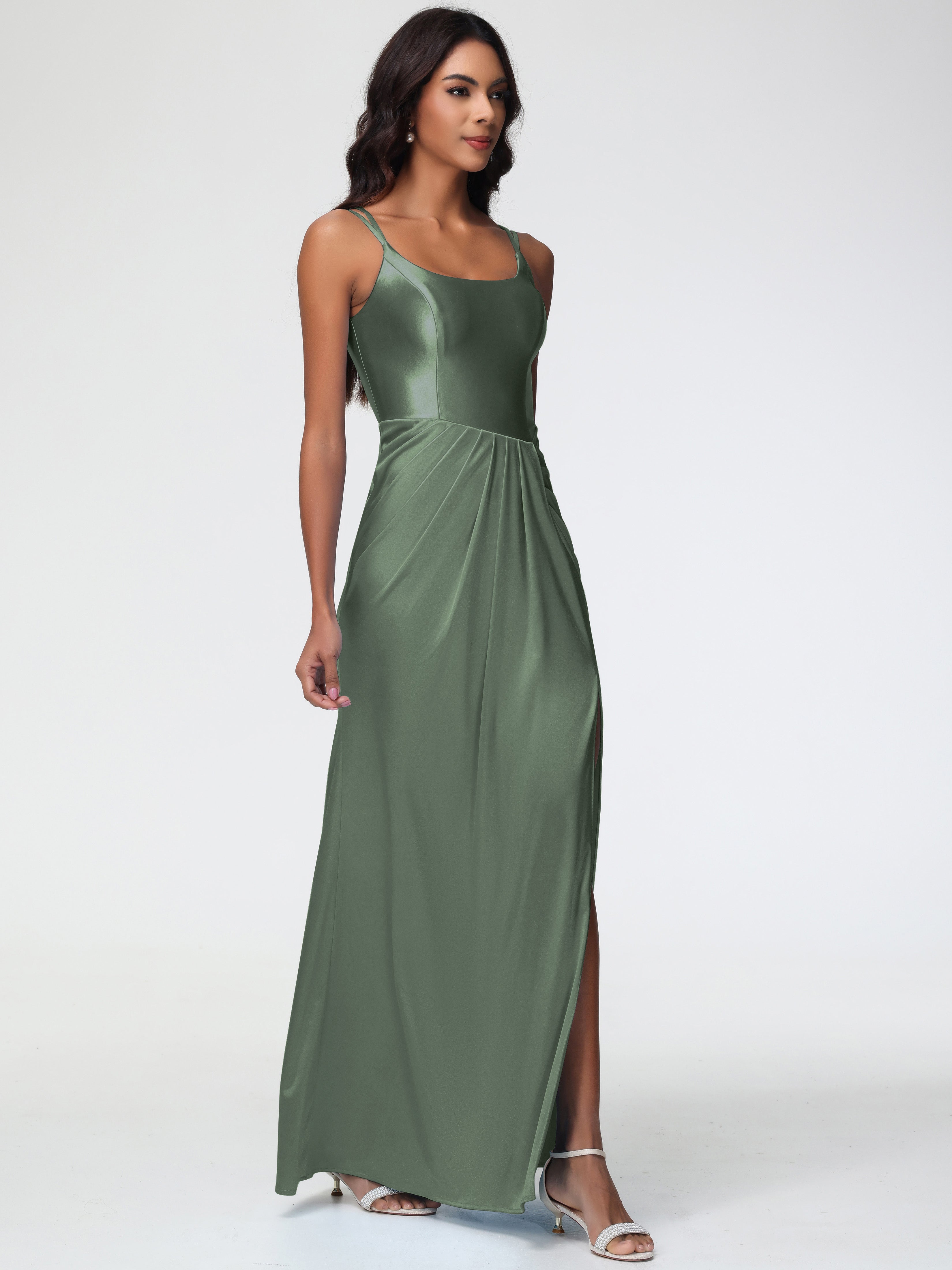 Robe De Demoiselle D Honneur Vert Olive Col Rond Fendue Satin Extensible Robe De Demoiselle D'Honneur