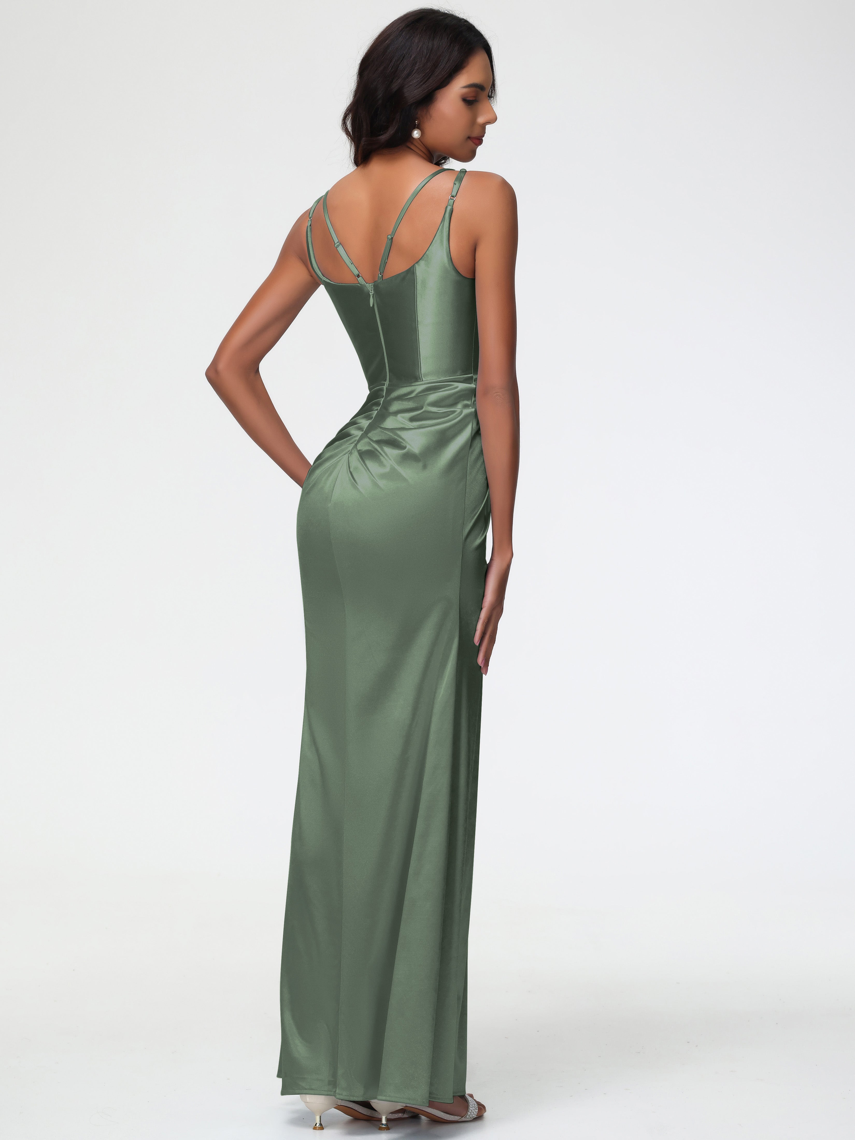 Robe De Demoiselle D Honneur Vert Olive Col Rond Fendue Satin Extensible Robe De Demoiselle D'Honneur