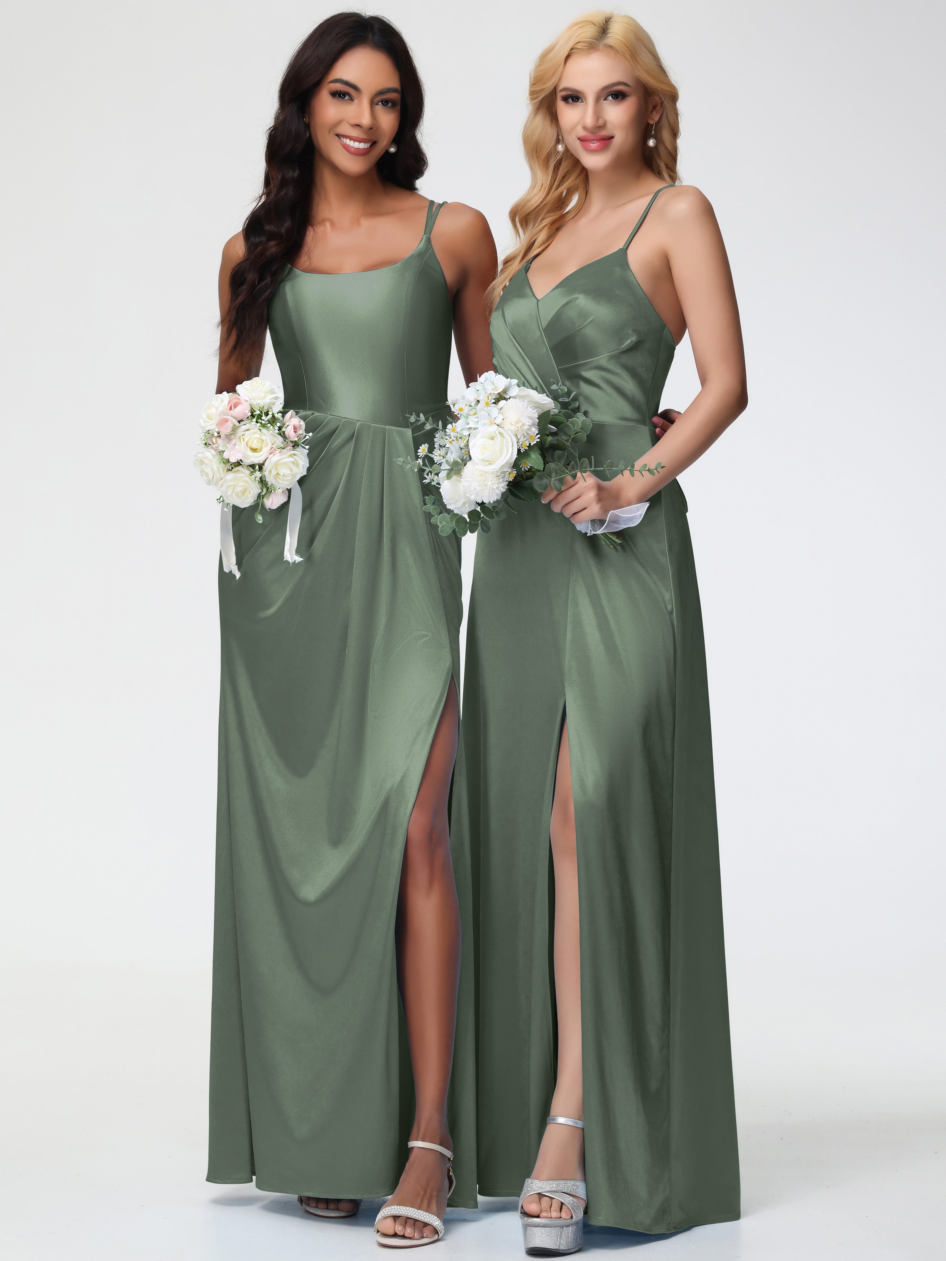 Robe De Demoiselle D Honneur Vert Olive Col Rond Fendue Satin Extensible Robe De Demoiselle D'Honneur