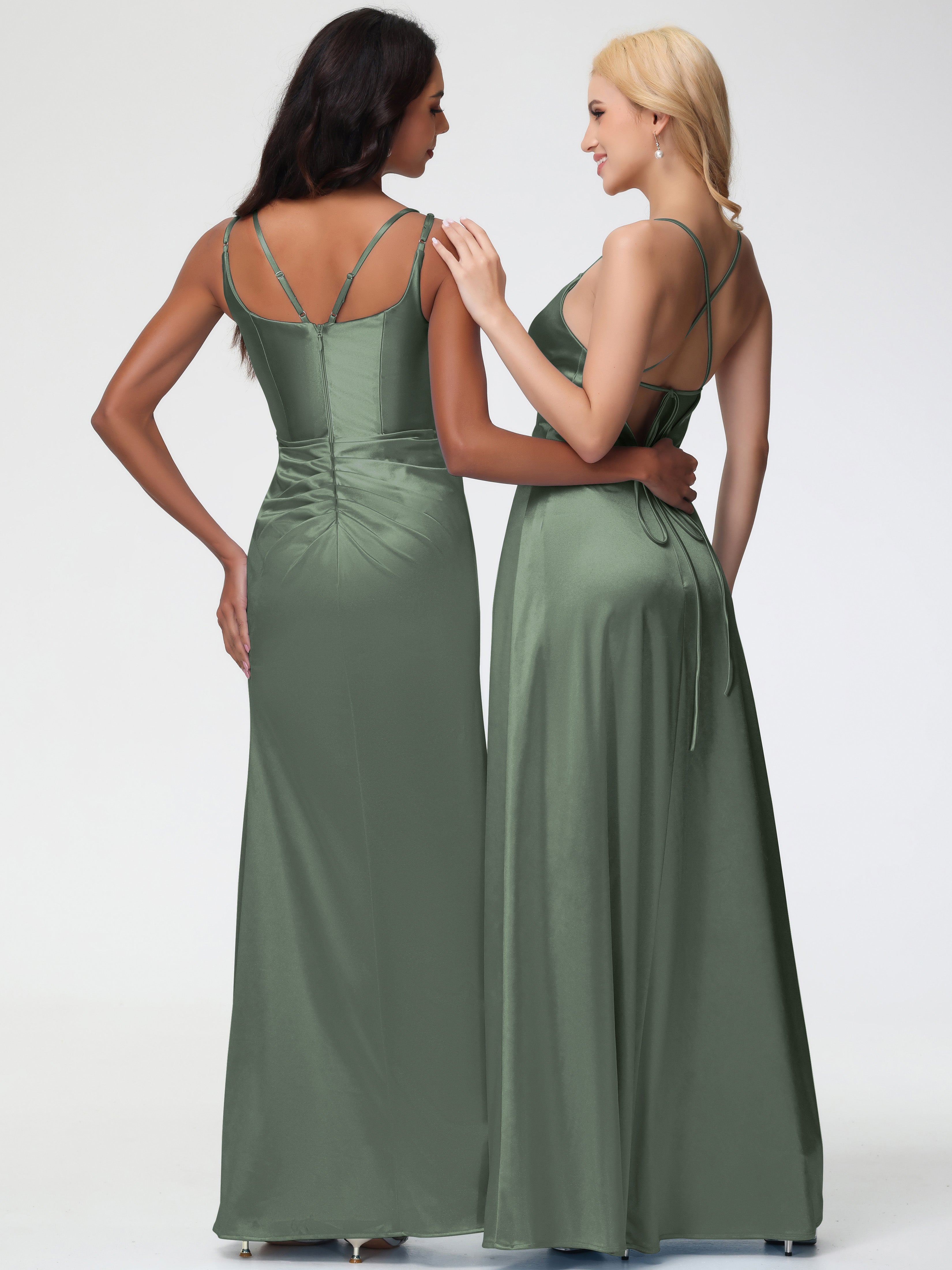 Robe De Demoiselle D Honneur Vert Olive Col Rond Fendue Satin Extensible Robe De Demoiselle D'Honneur