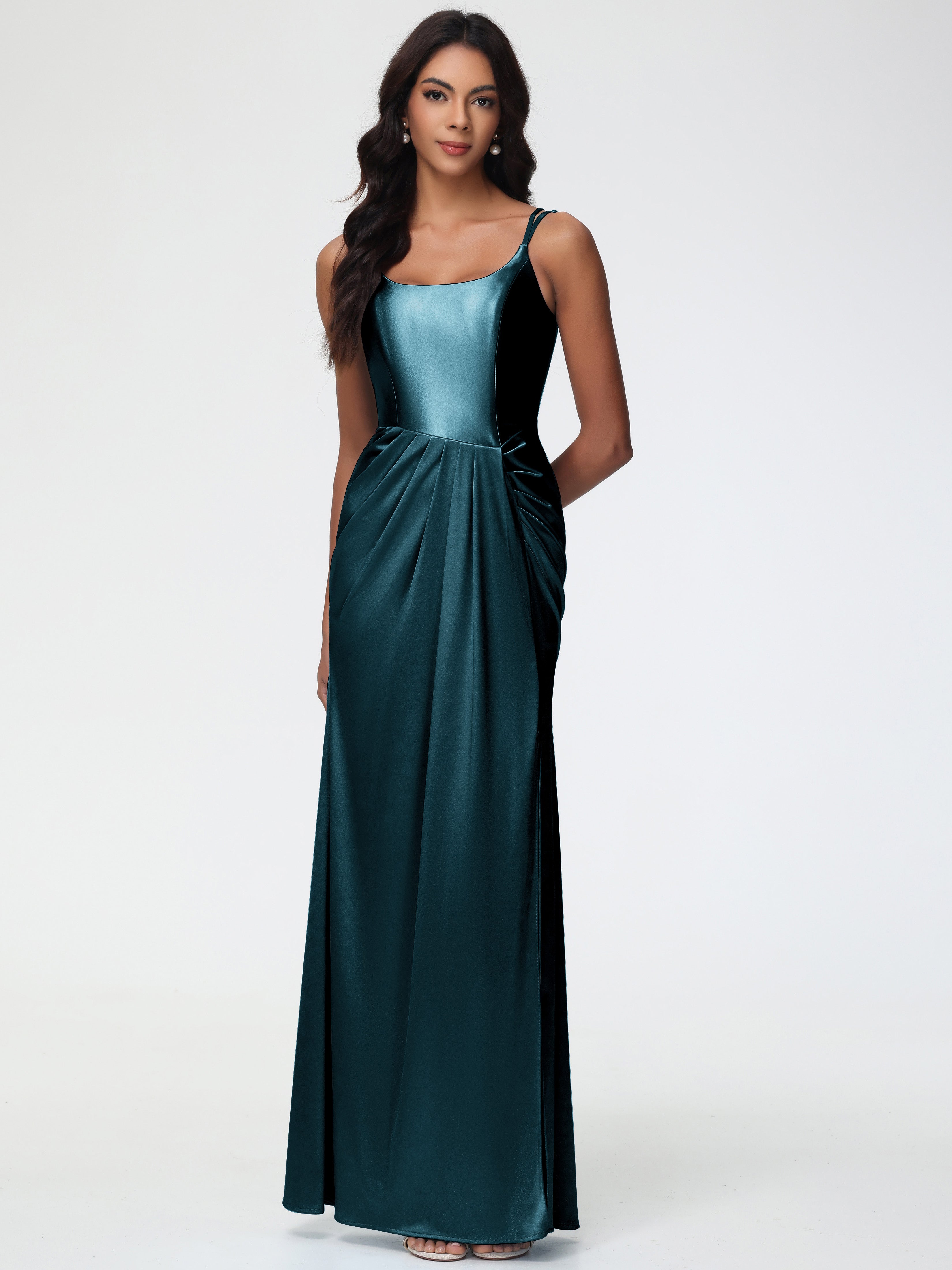 Robes De Demoiselle D'Honneur Paon Col Rond Fendue Fourreau/Colonne Satin Extensible Robe De Demoiselle D'Honneur