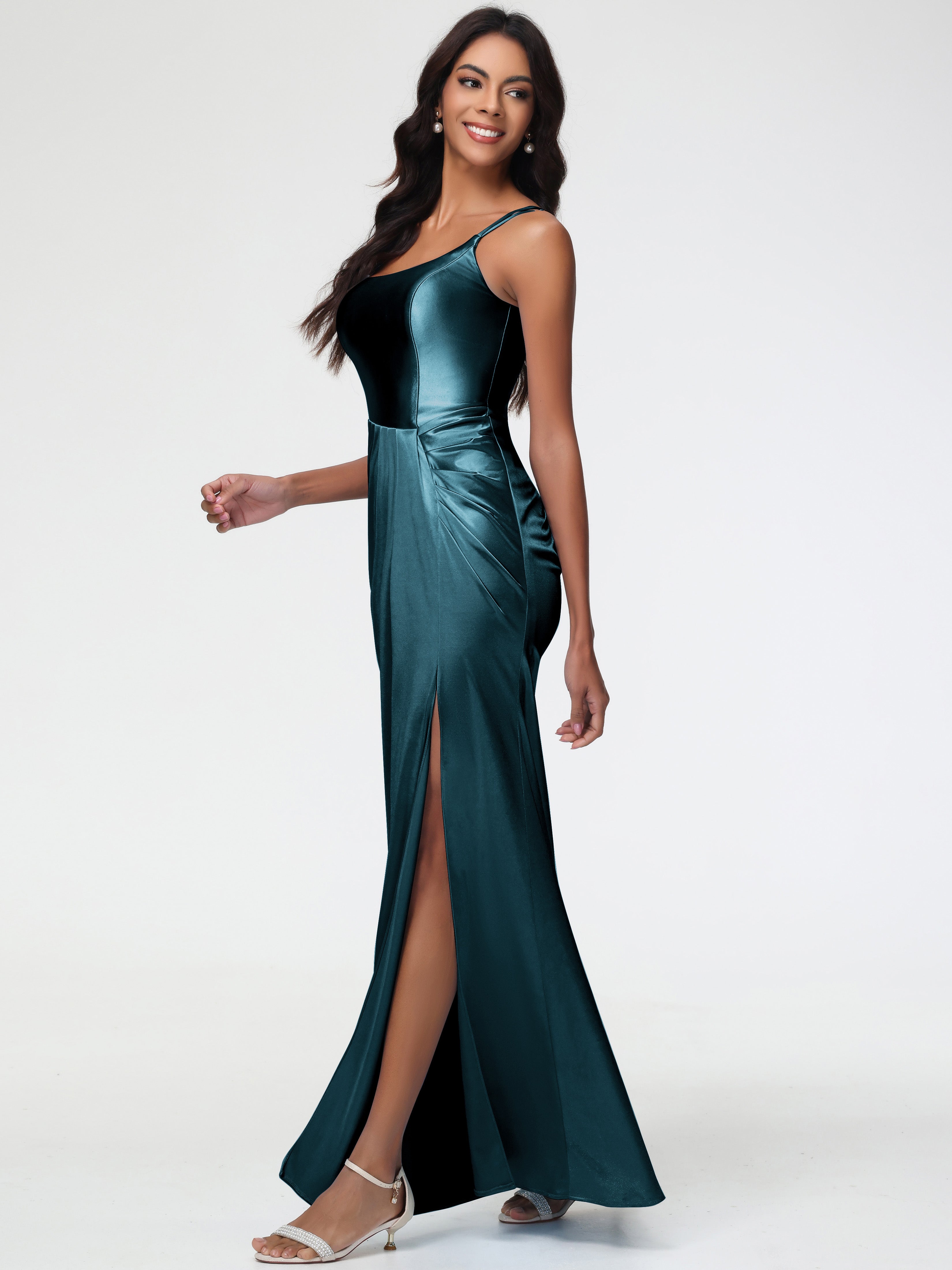 Robes De Demoiselle D'Honneur Paon Col Rond Fendue Fourreau/Colonne Satin Extensible Robe De Demoiselle D'Honneur