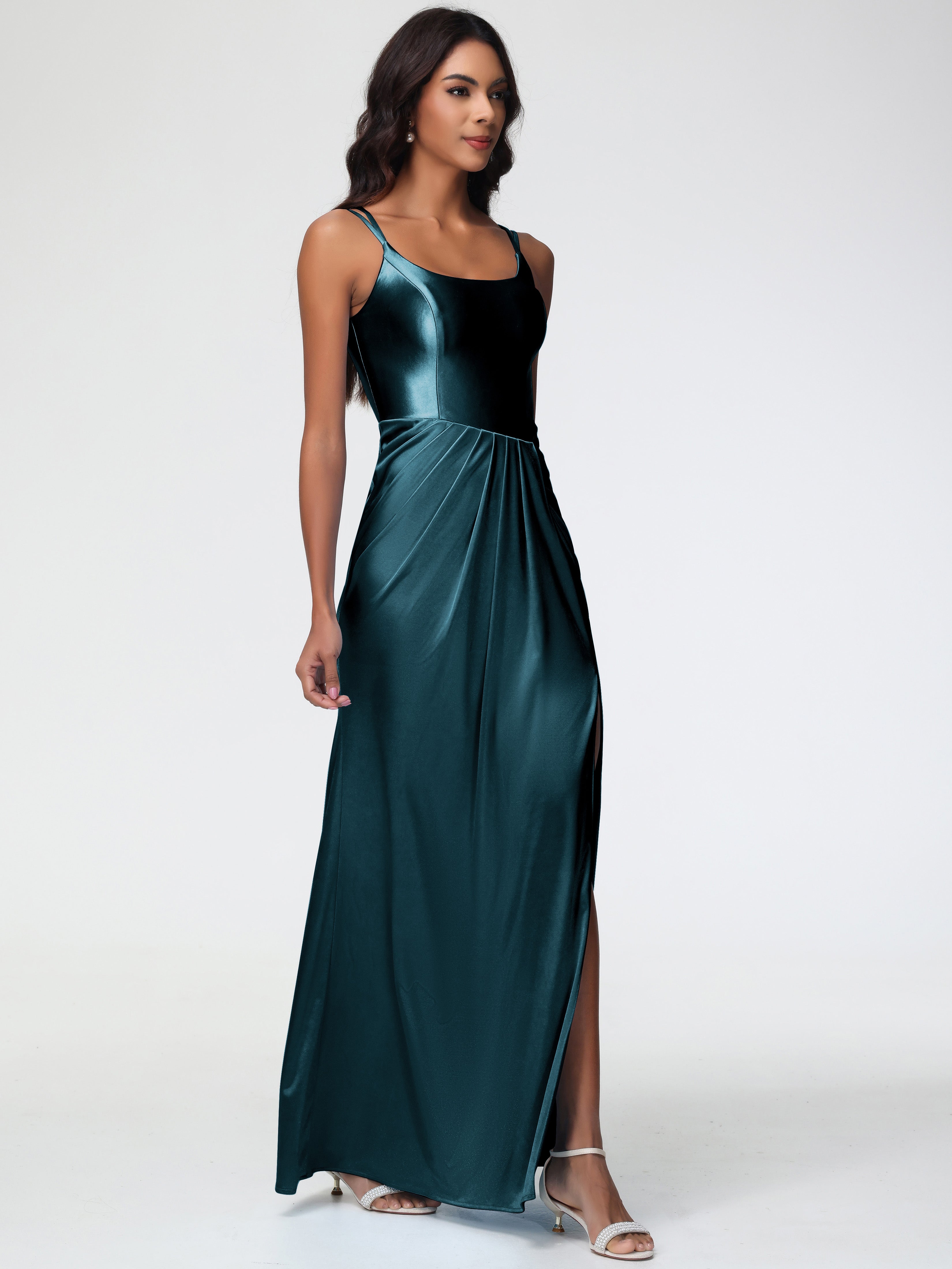 Robes De Demoiselle D'Honneur Paon Col Rond Fendue Fourreau/Colonne Satin Extensible Robe De Demoiselle D'Honneur