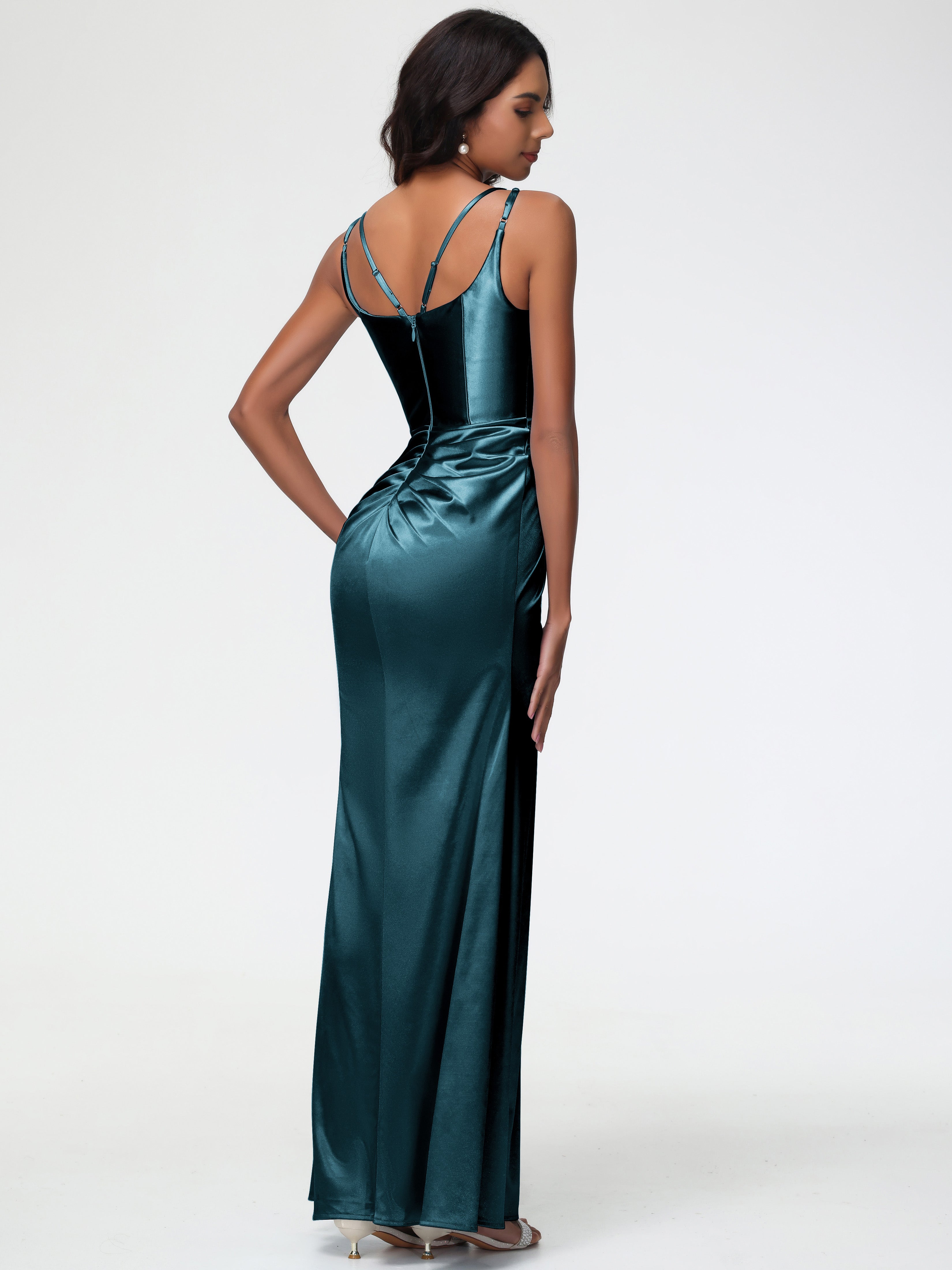 Robes De Demoiselle D'Honneur Paon Col Rond Fendue Fourreau/Colonne Satin Extensible Robe De Demoiselle D'Honneur