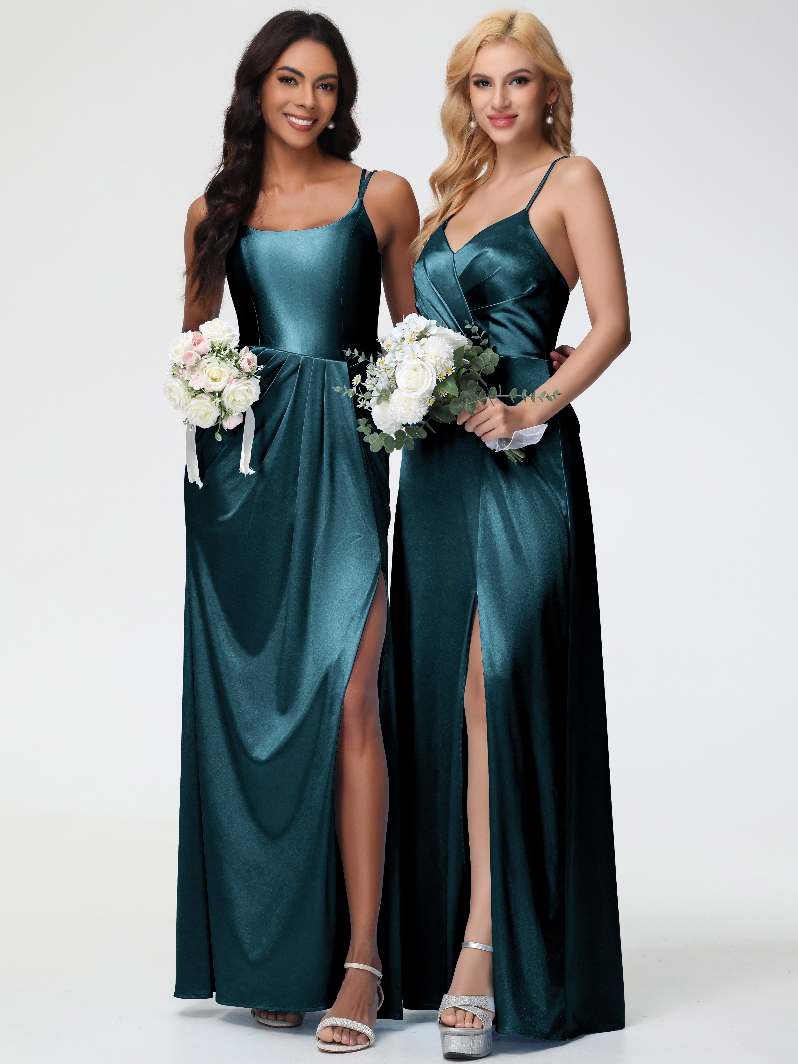 Robes De Demoiselle D'Honneur Paon Col Rond Fendue Fourreau/Colonne Satin Extensible Robe De Demoiselle D'Honneur