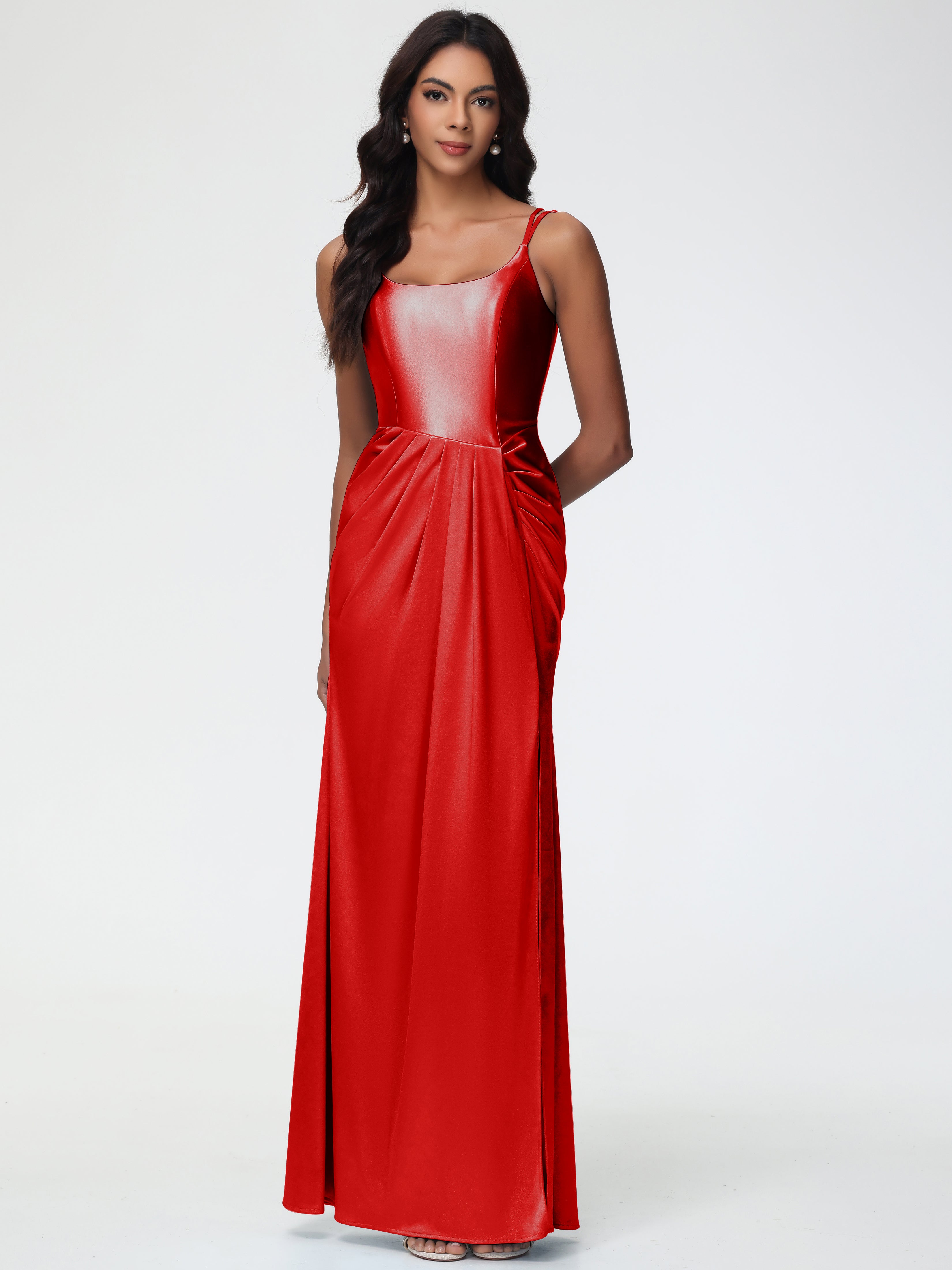 Demoiselle D Honneur Robe Rouge Col Rond Fendue Fourreau/Colonne Satin Extensible Robe De Demoiselle D'Honneur