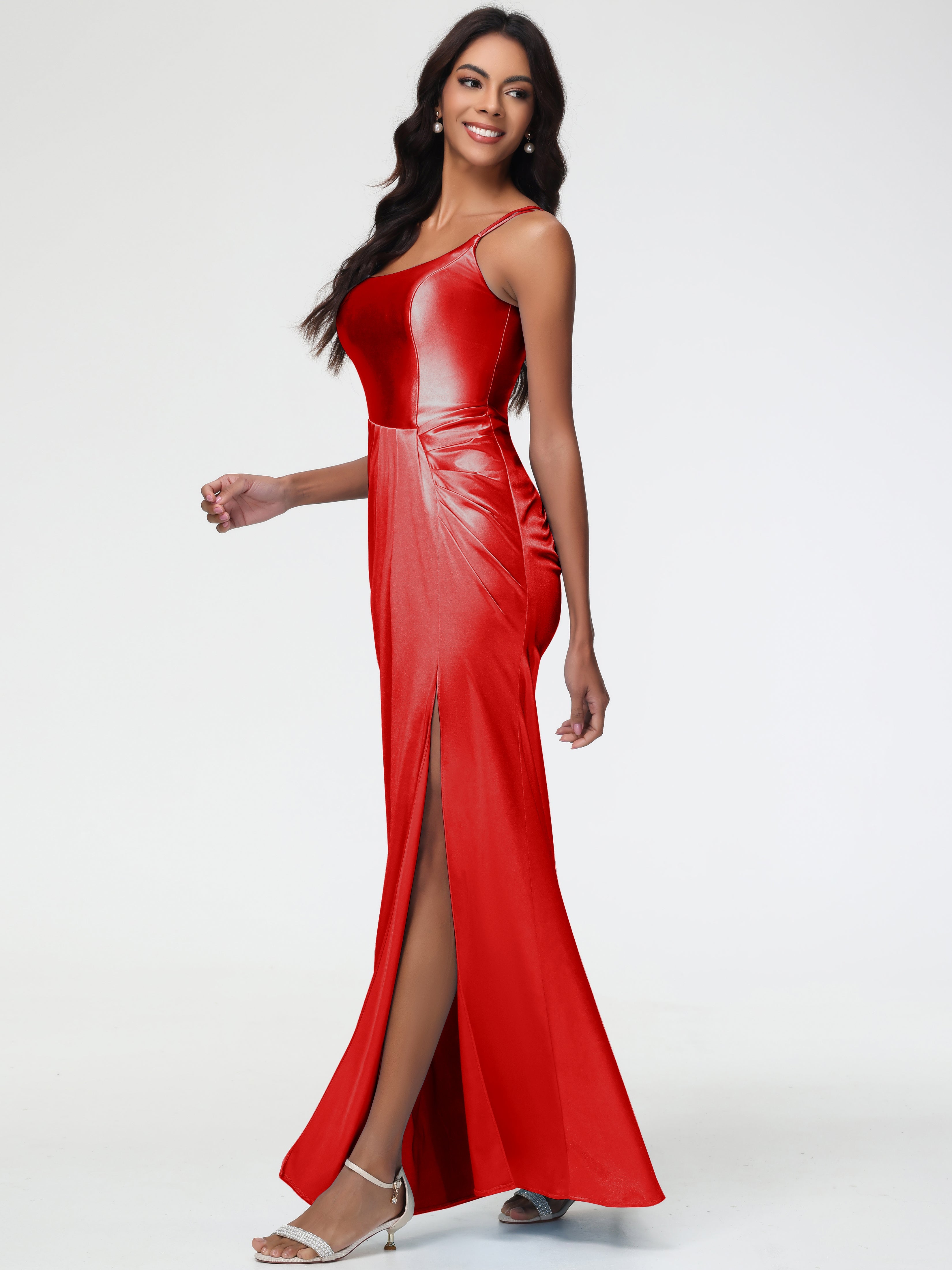 Demoiselle D Honneur Robe Rouge Col Rond Fendue Fourreau/Colonne Satin Extensible Robe De Demoiselle D'Honneur