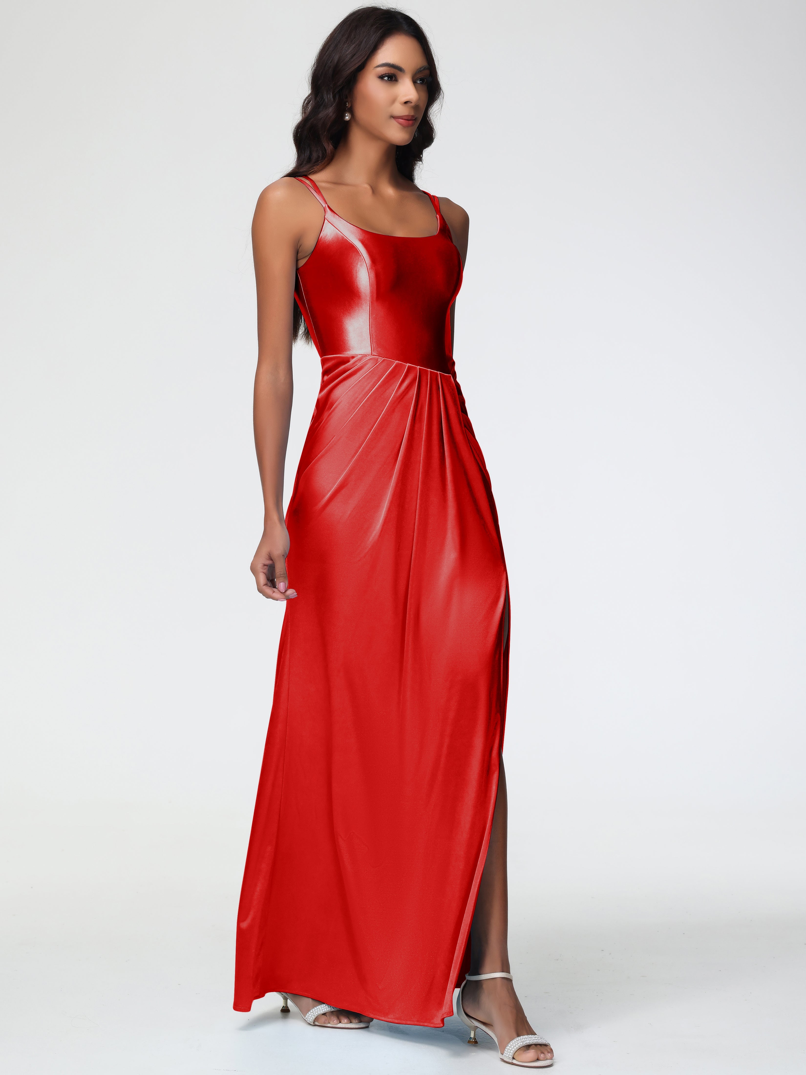 Demoiselle D Honneur Robe Rouge Col Rond Fendue Fourreau/Colonne Satin Extensible Robe De Demoiselle D'Honneur