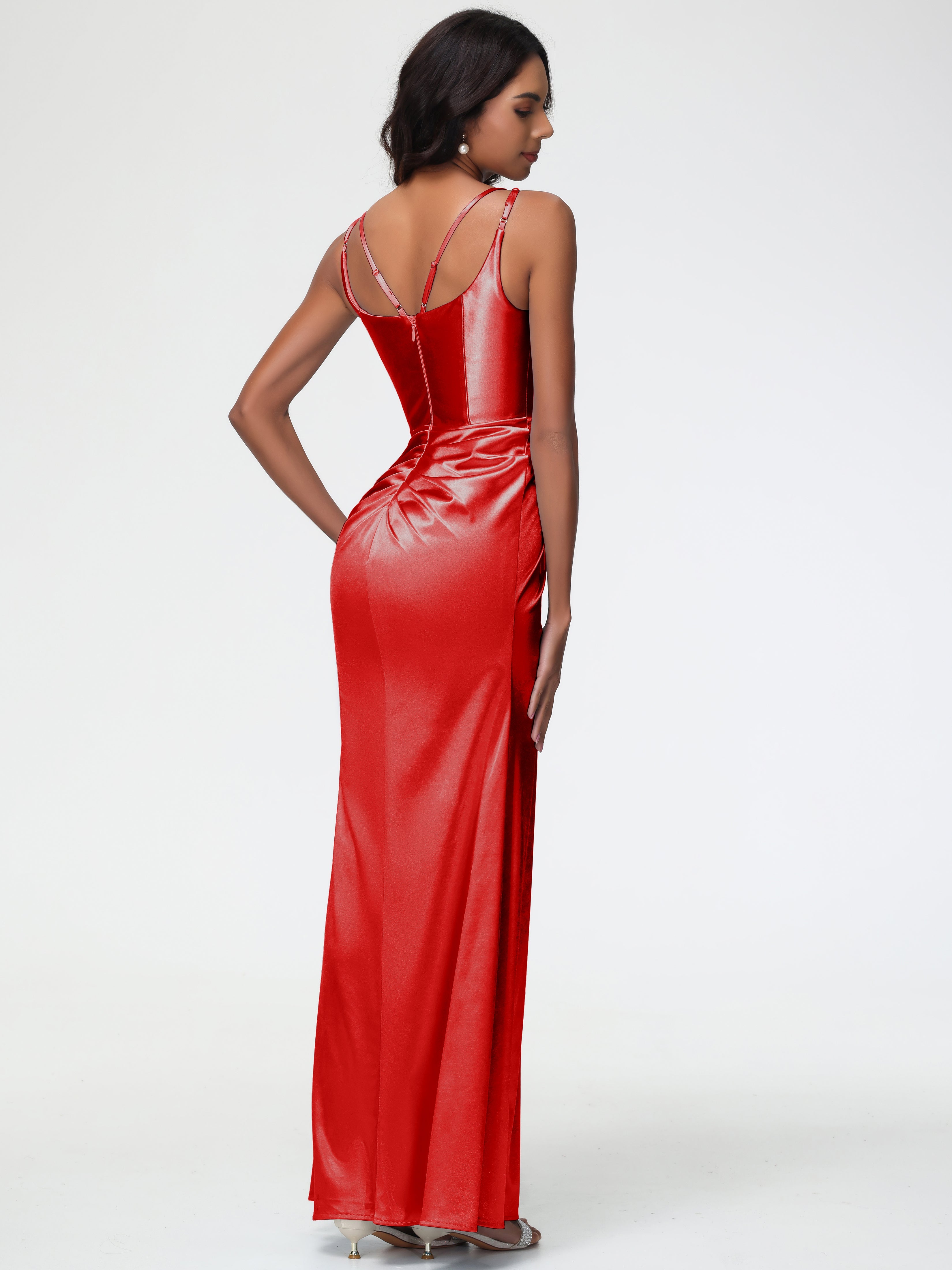 Demoiselle D Honneur Robe Rouge Col Rond Fendue Fourreau/Colonne Satin Extensible Robe De Demoiselle D'Honneur