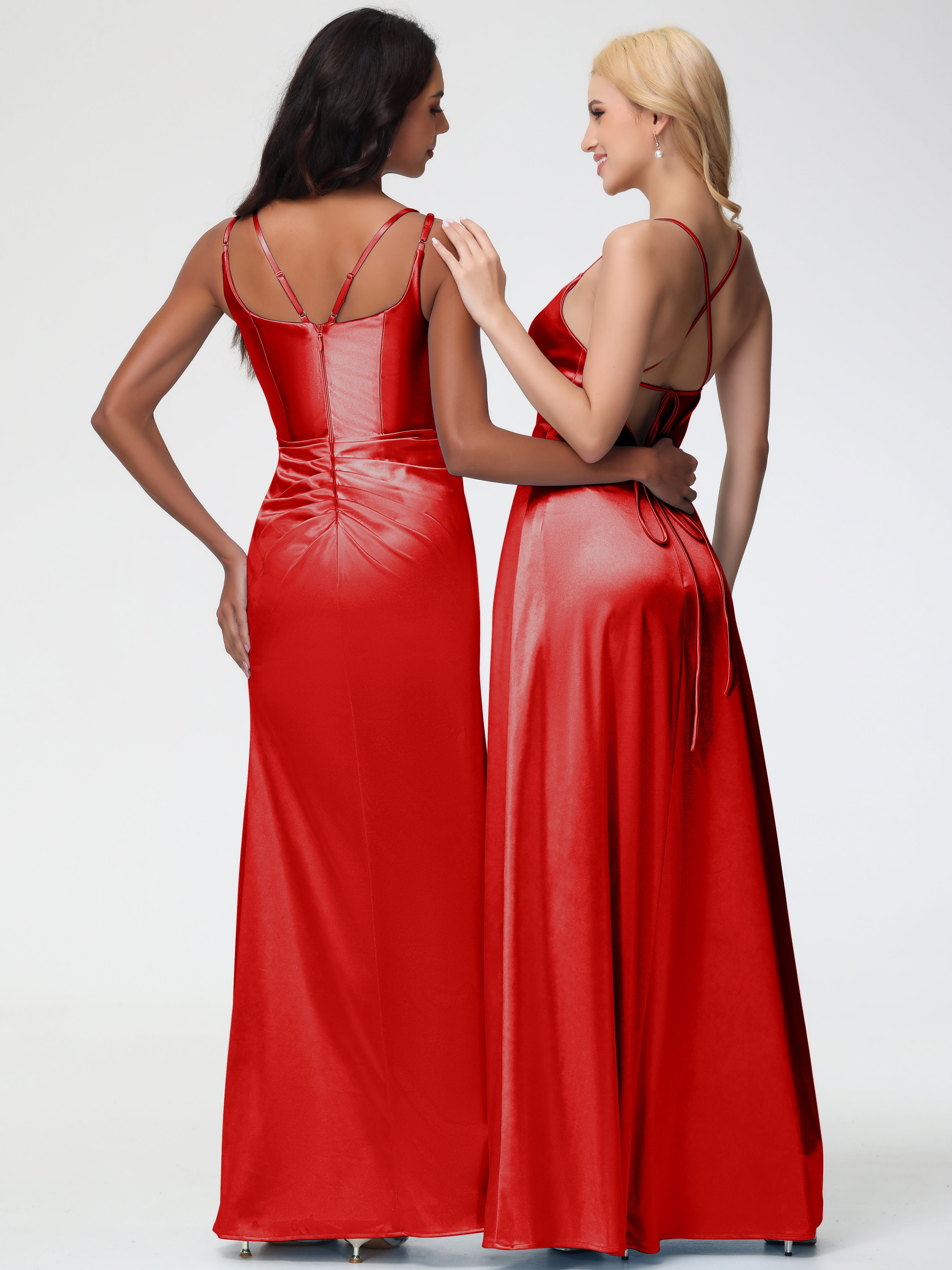 Demoiselle D Honneur Robe Rouge Col Rond Fendue Fourreau/Colonne Satin Extensible Robe De Demoiselle D'Honneur