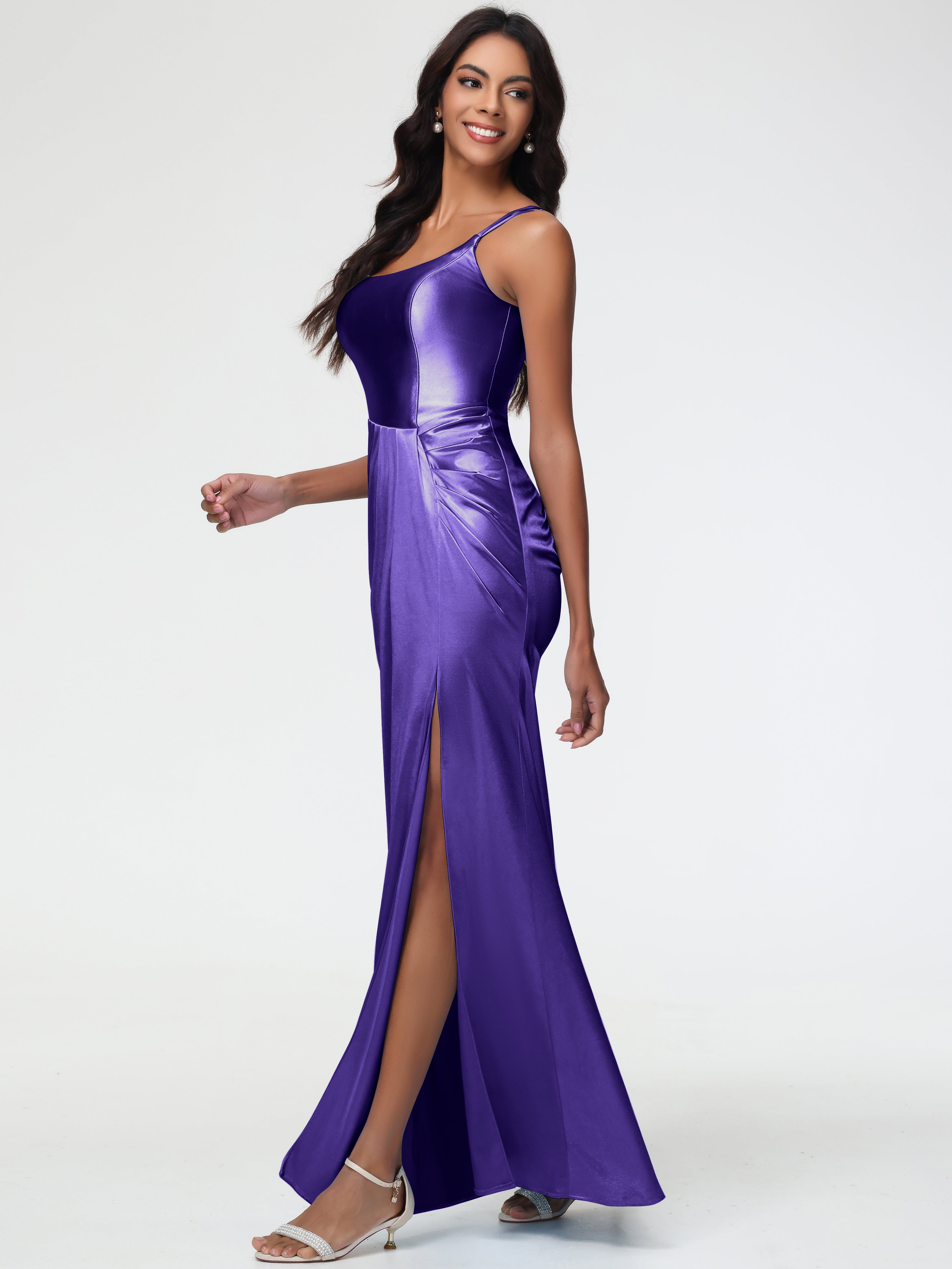 Robes De Demoiselle D'Honneur Régence Col Rond Fendue Fourreau/Colonne Satin Extensible Robe De Demoiselle D'Honneur