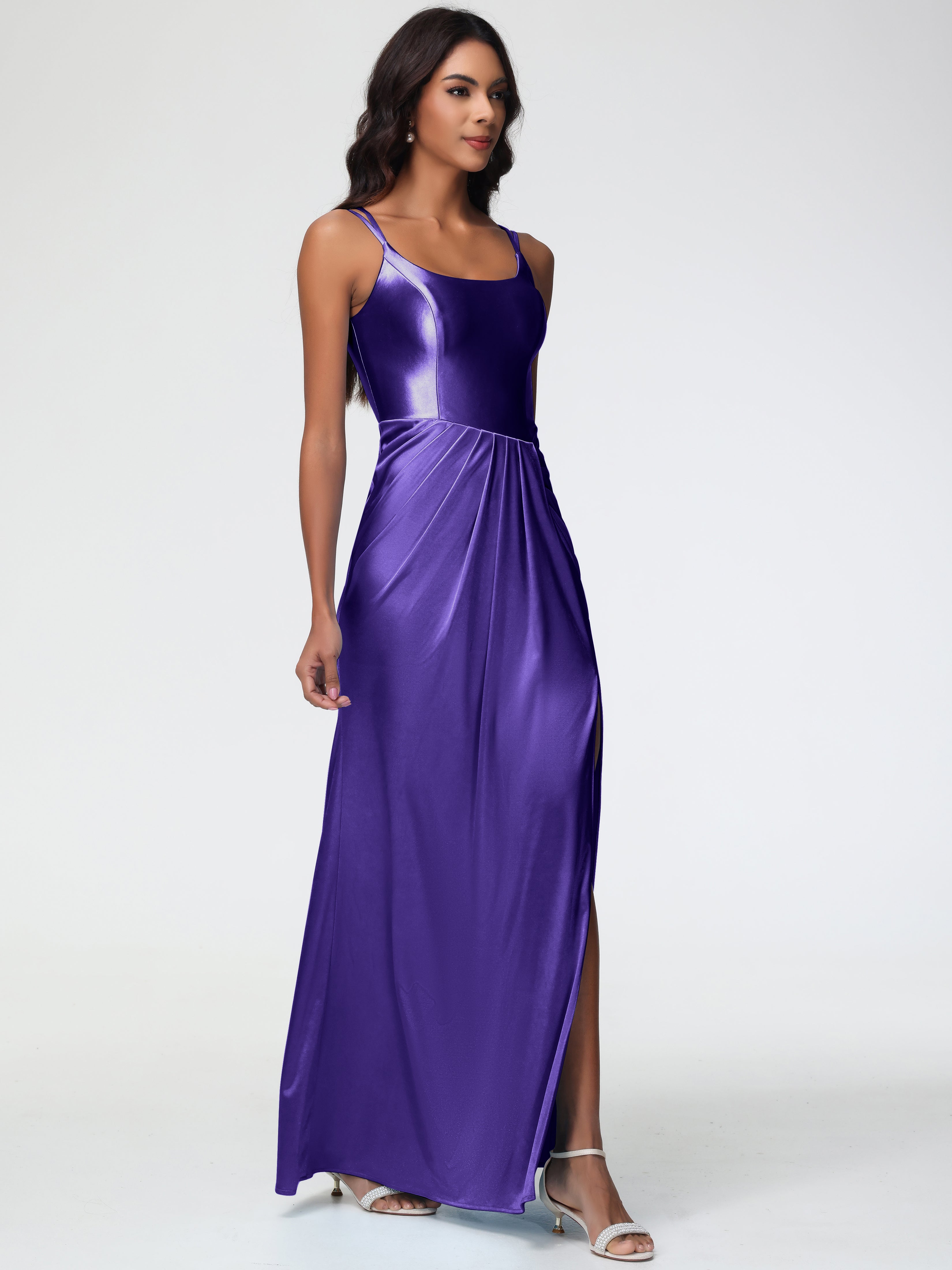 Robes De Demoiselle D'Honneur Régence Col Rond Fendue Fourreau/Colonne Satin Extensible Robe De Demoiselle D'Honneur