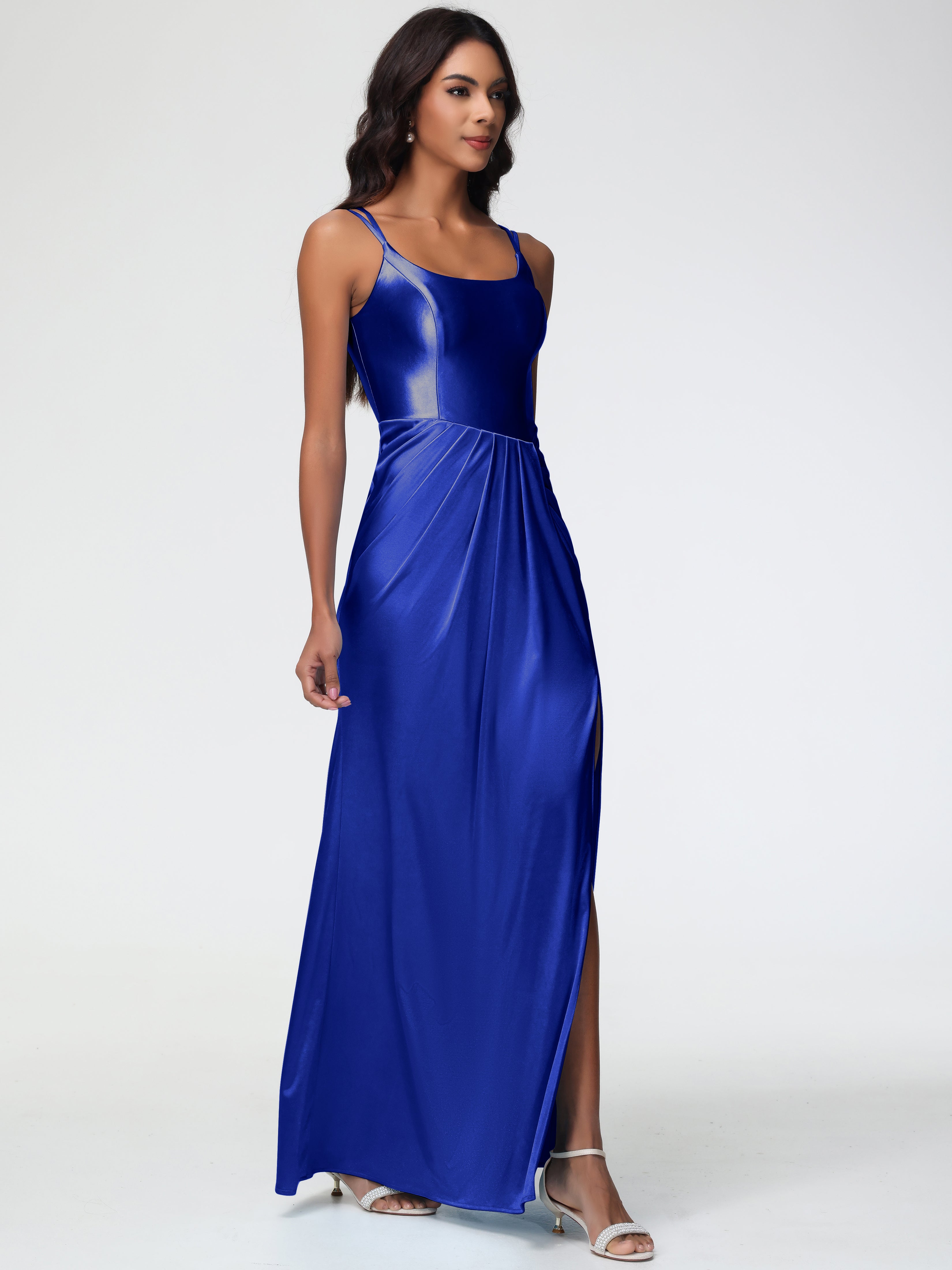Robe Demoiselle D Honneur Bleu Royal Col Rond Fendue Fourreau/Colonne Satin Extensible Robe De Demoiselle D'Honneur