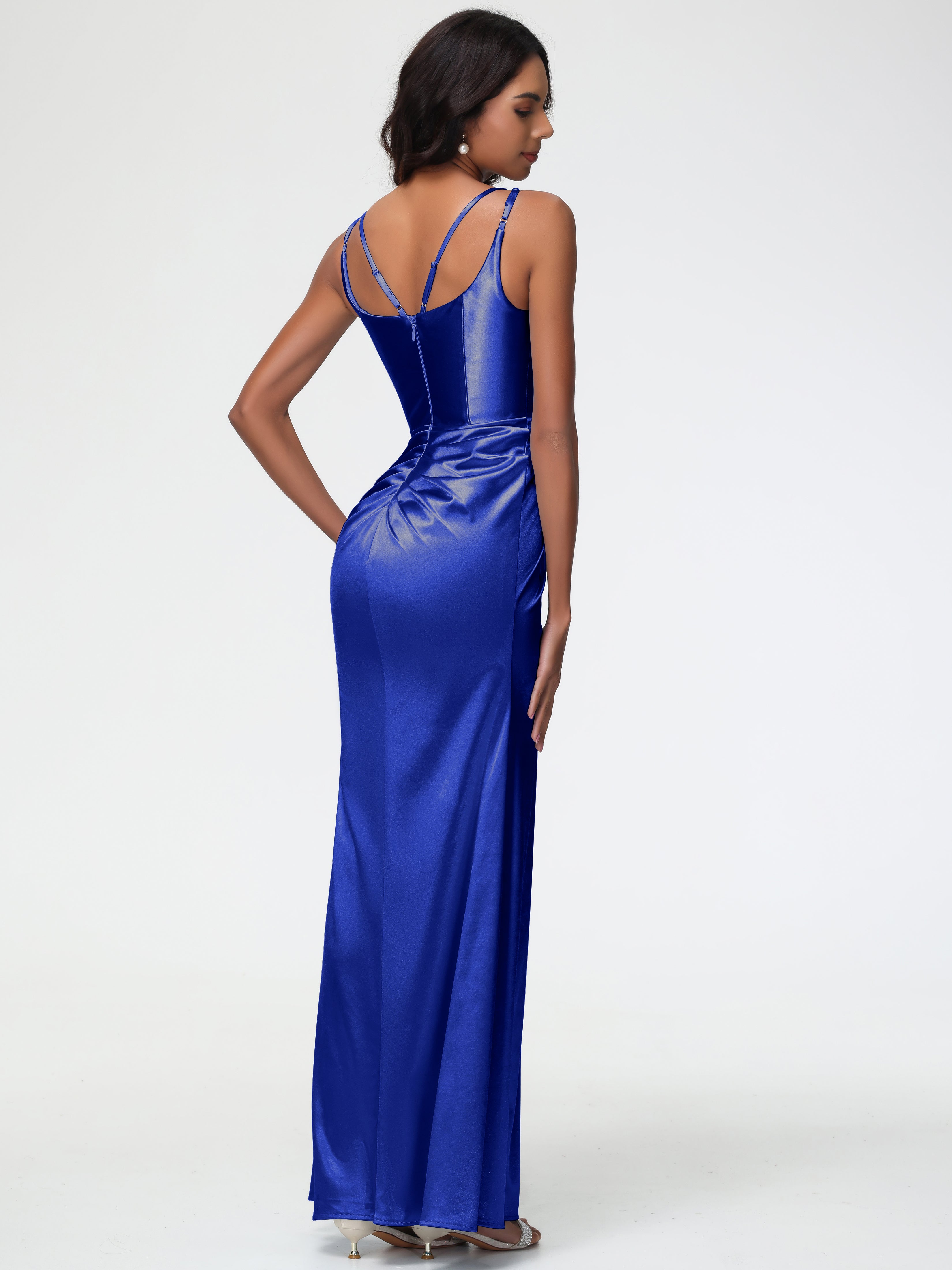 Robe Demoiselle D Honneur Bleu Royal Col Rond Fendue Fourreau/Colonne Satin Extensible Robe De Demoiselle D'Honneur