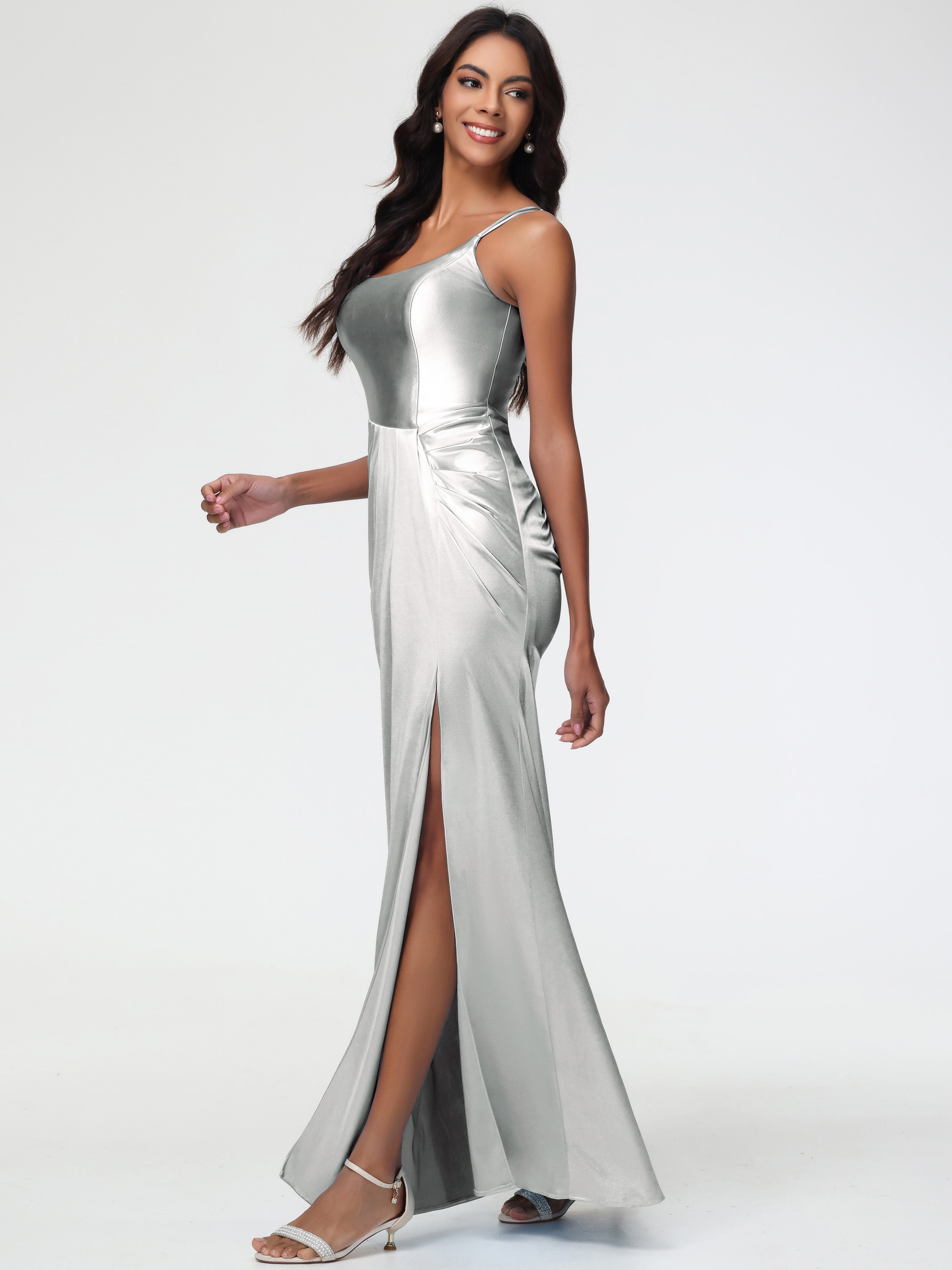 Robe Demoiselle D Honneur Argenté Col Rond Fendue Fourreau/Colonne Satin Extensible Robe De Demoiselle D'Honneur
