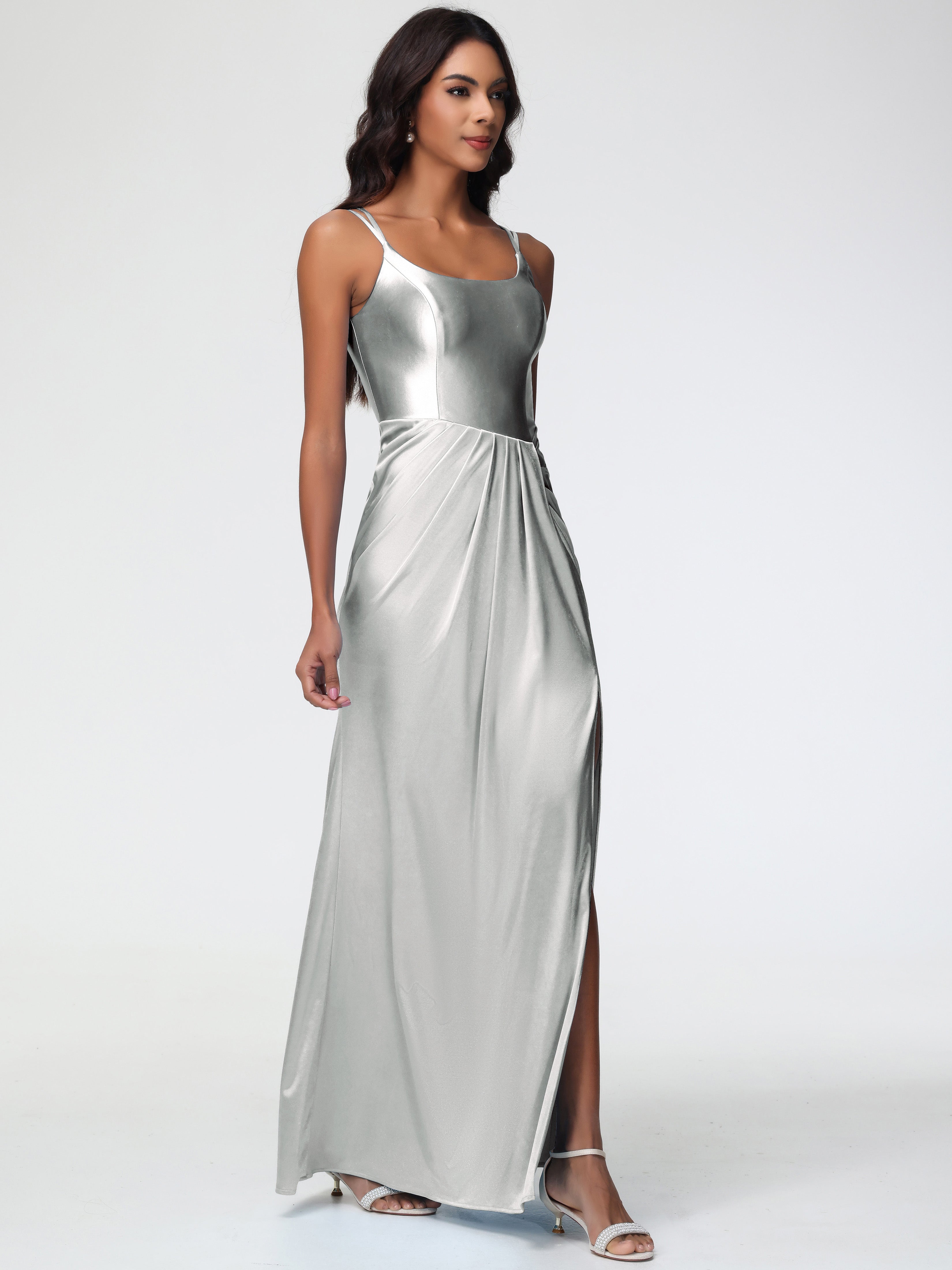 Robe Demoiselle D Honneur Argenté Col Rond Fendue Fourreau/Colonne Satin Extensible Robe De Demoiselle D'Honneur
