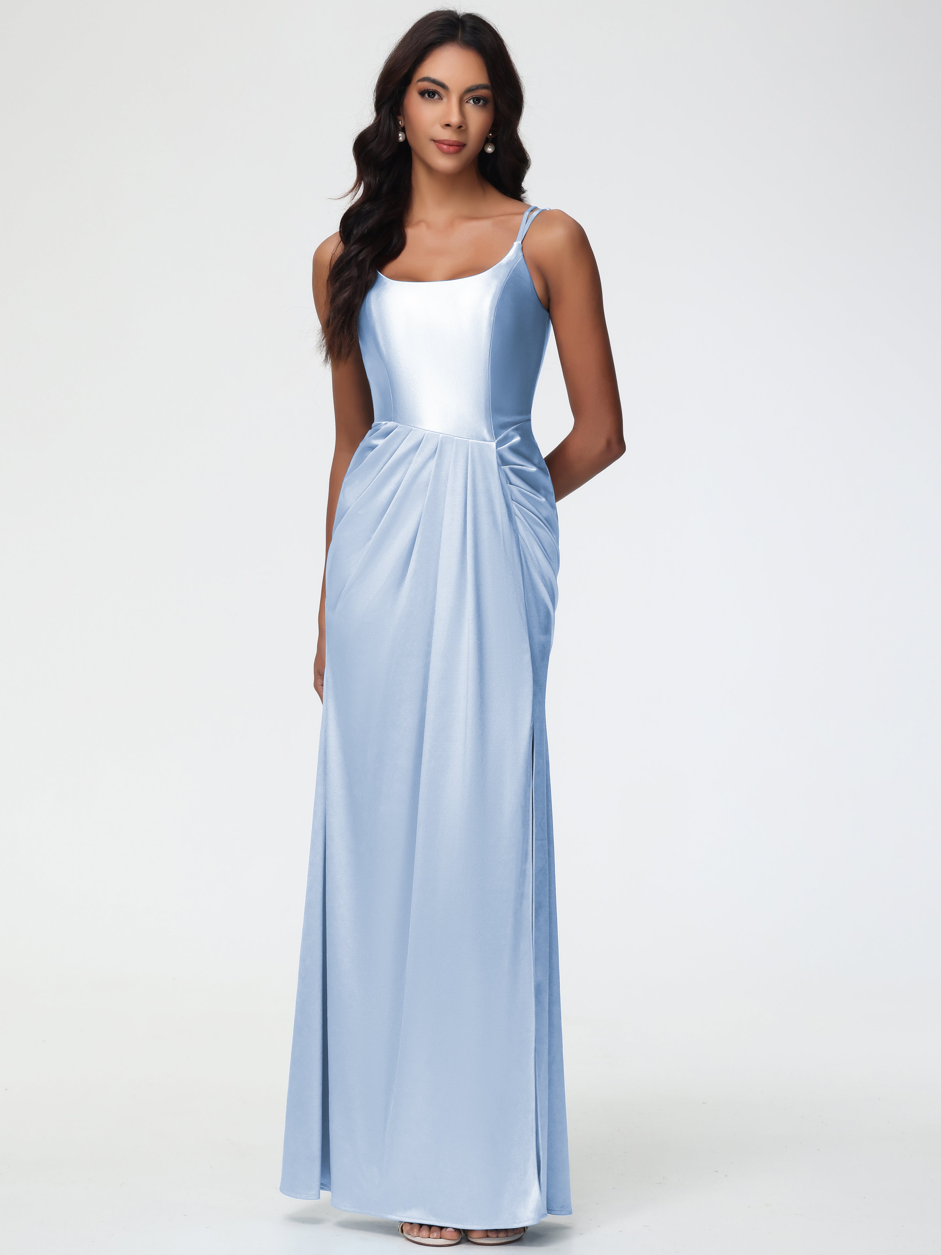 Robe Demoiselle D Honneur Bleue Ciel Col Rond Fendue Fourreau/Colonne Satin Extensible Robe De Demoiselle D'Honneur
