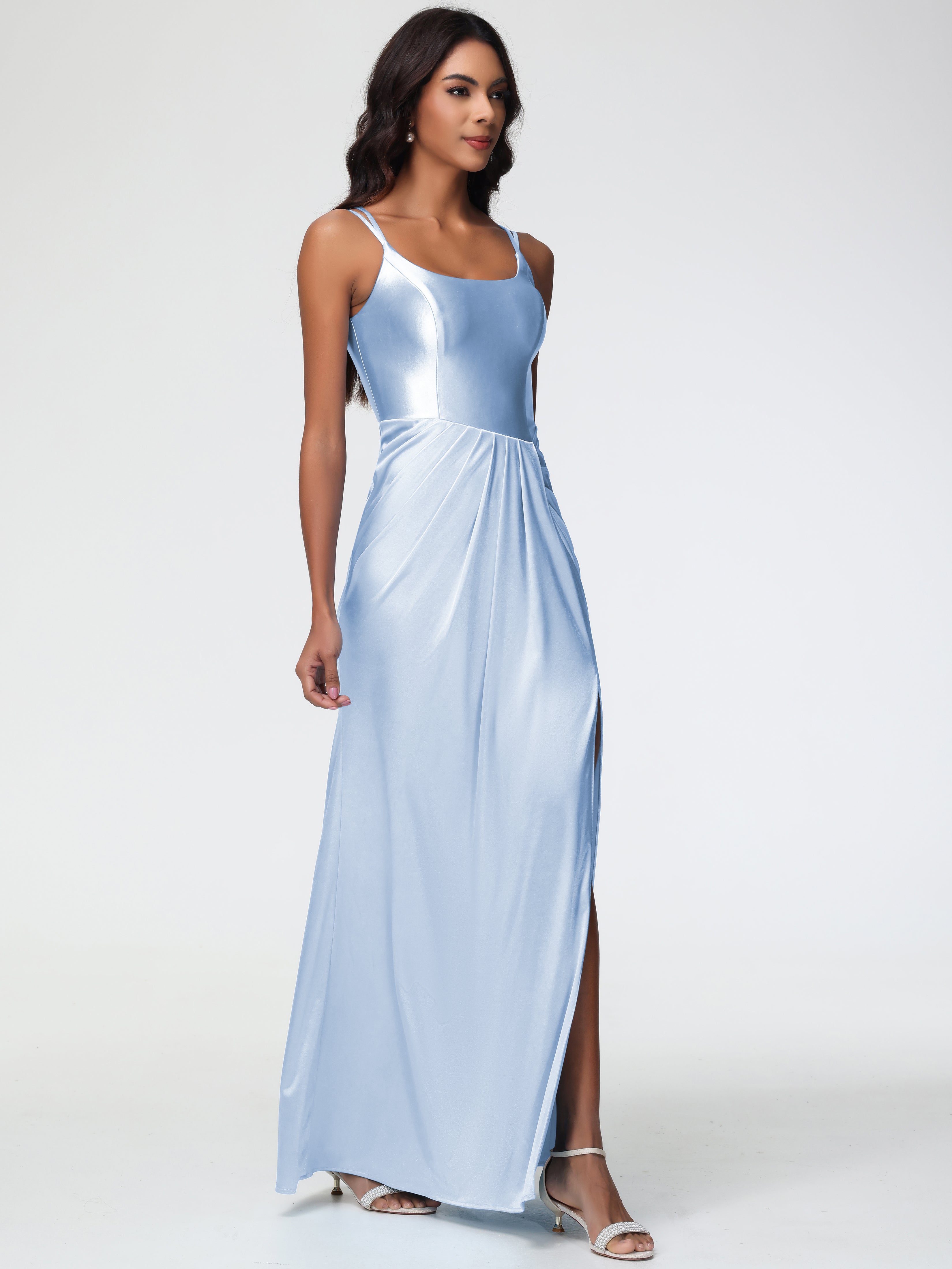 Robe Demoiselle D Honneur Bleue Ciel Col Rond Fendue Fourreau/Colonne Satin Extensible Robe De Demoiselle D'Honneur