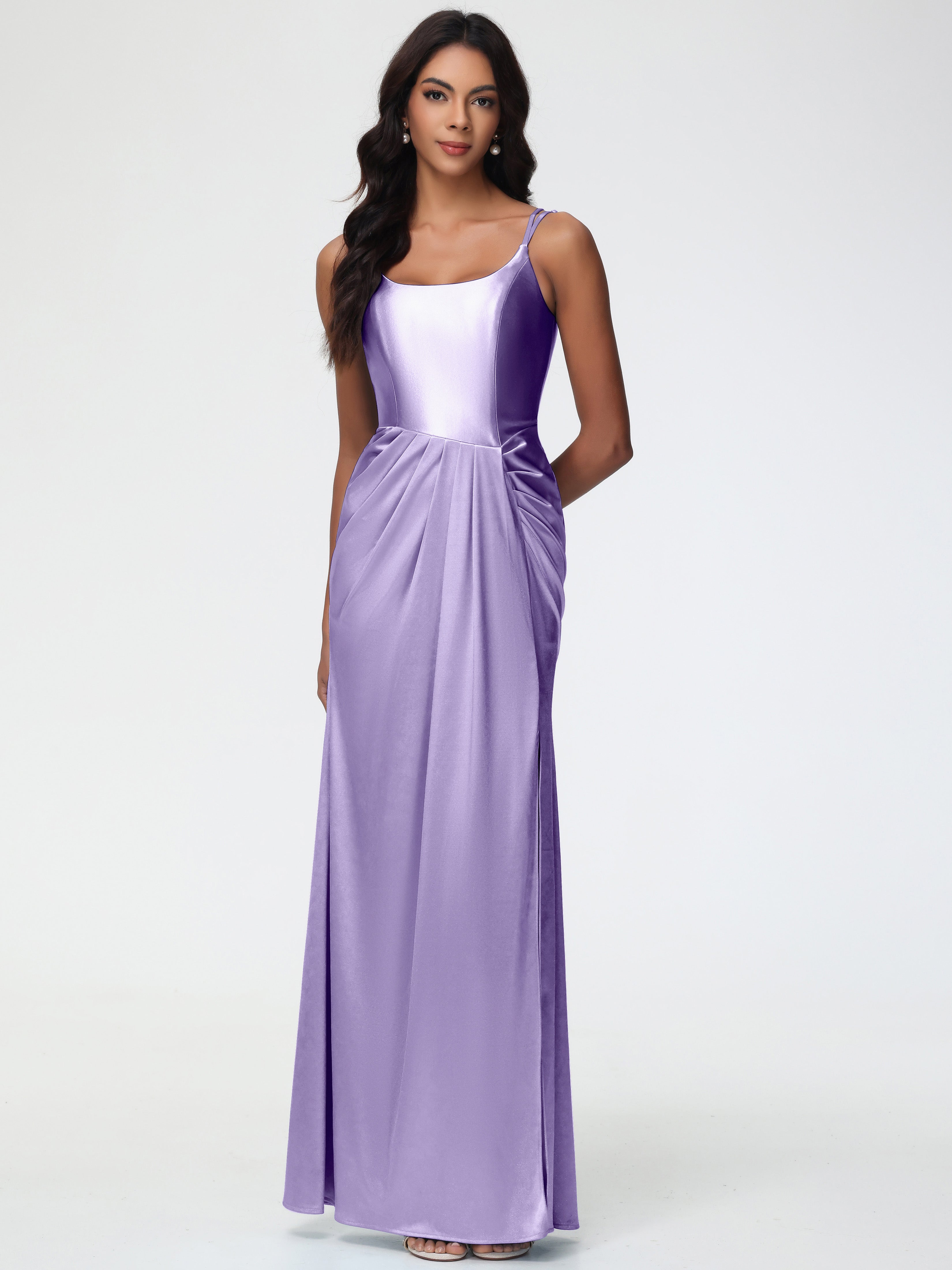 Robes De Demoiselle D'Honneur Tahiti Col Rond Fendue Fourreau/Colonne Satin Extensible Robe De Demoiselle D'Honneur