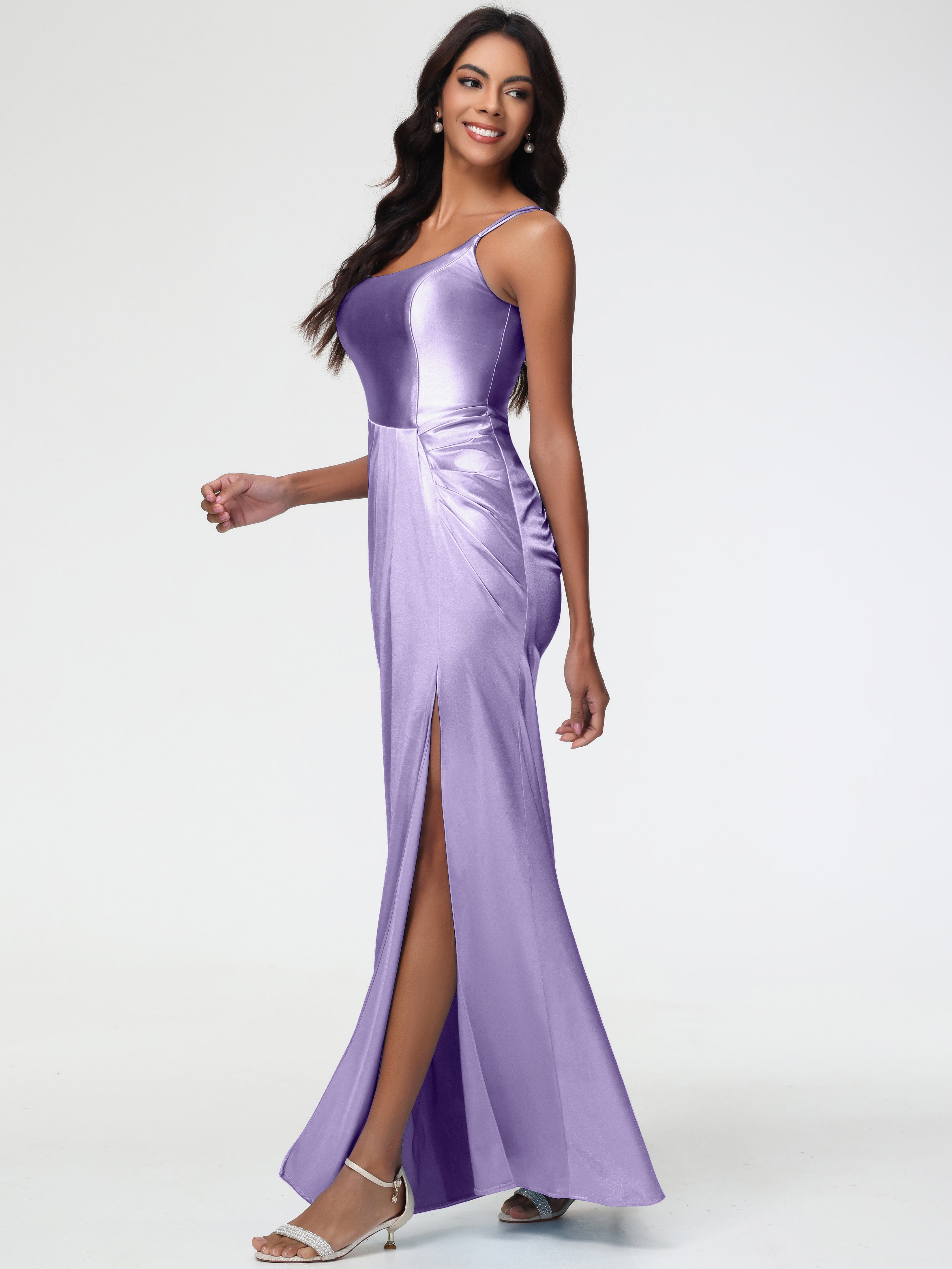 Robes De Demoiselle D'Honneur Tahiti Col Rond Fendue Fourreau/Colonne Satin Extensible Robe De Demoiselle D'Honneur