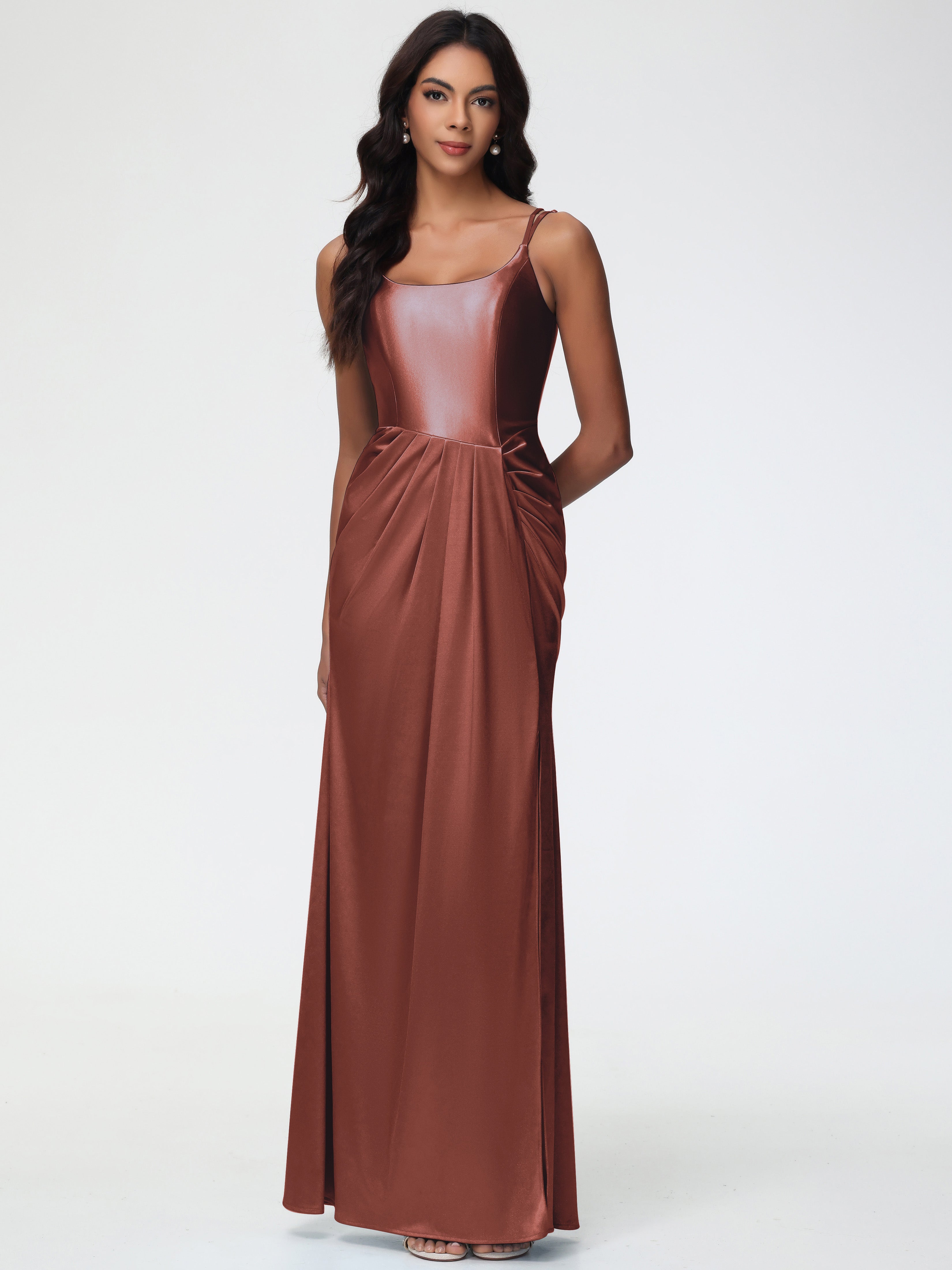 Robes Pour Demoiselles D Honneur Robe Terracotta Col Rond Fendue Fourreau/Colonne Satin Extensible Robe De Demoiselle D'Honneur