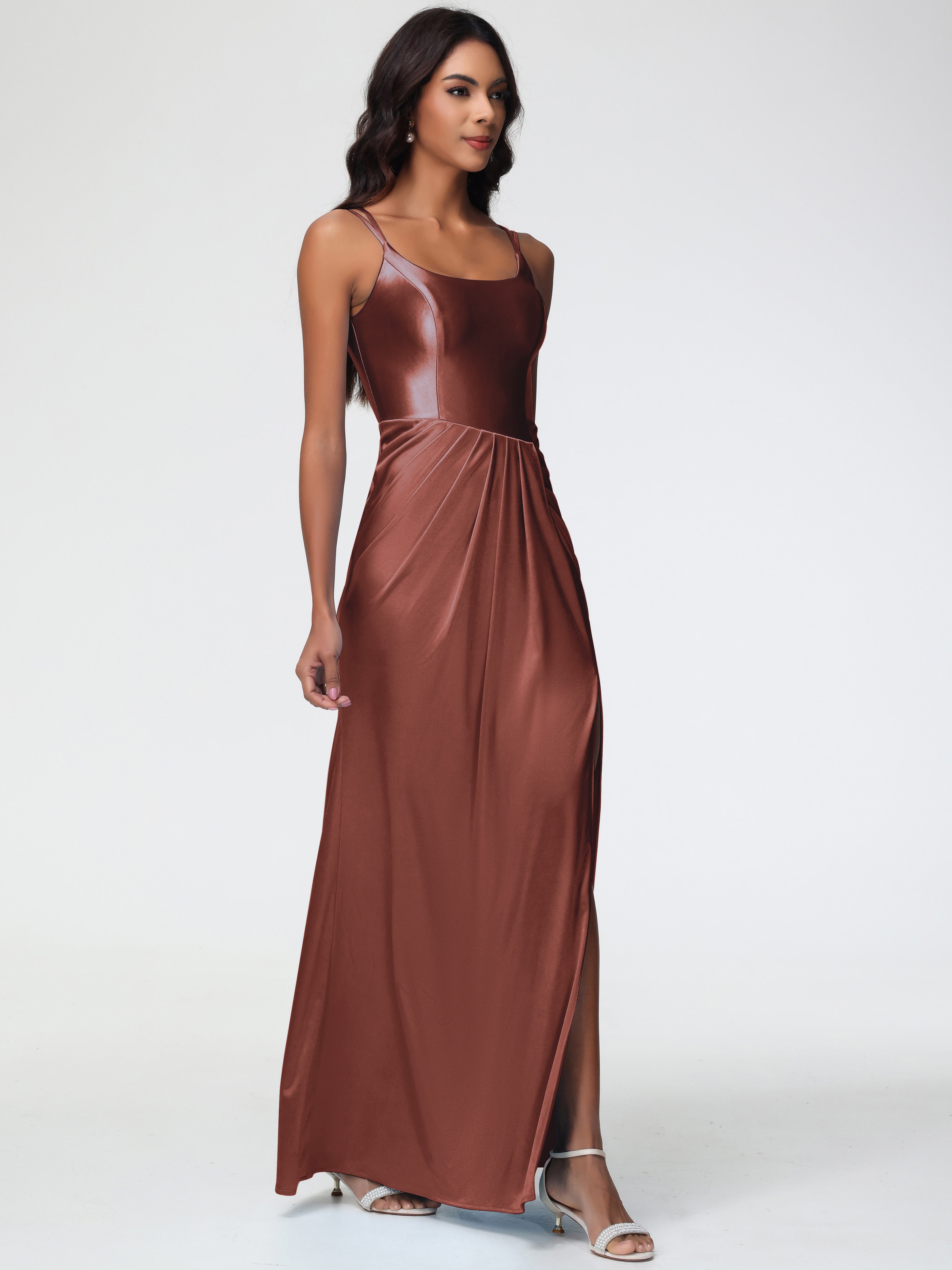 Robes Pour Demoiselles D Honneur Robe Terracotta Col Rond Fendue Fourreau/Colonne Satin Extensible Robe De Demoiselle D'Honneur