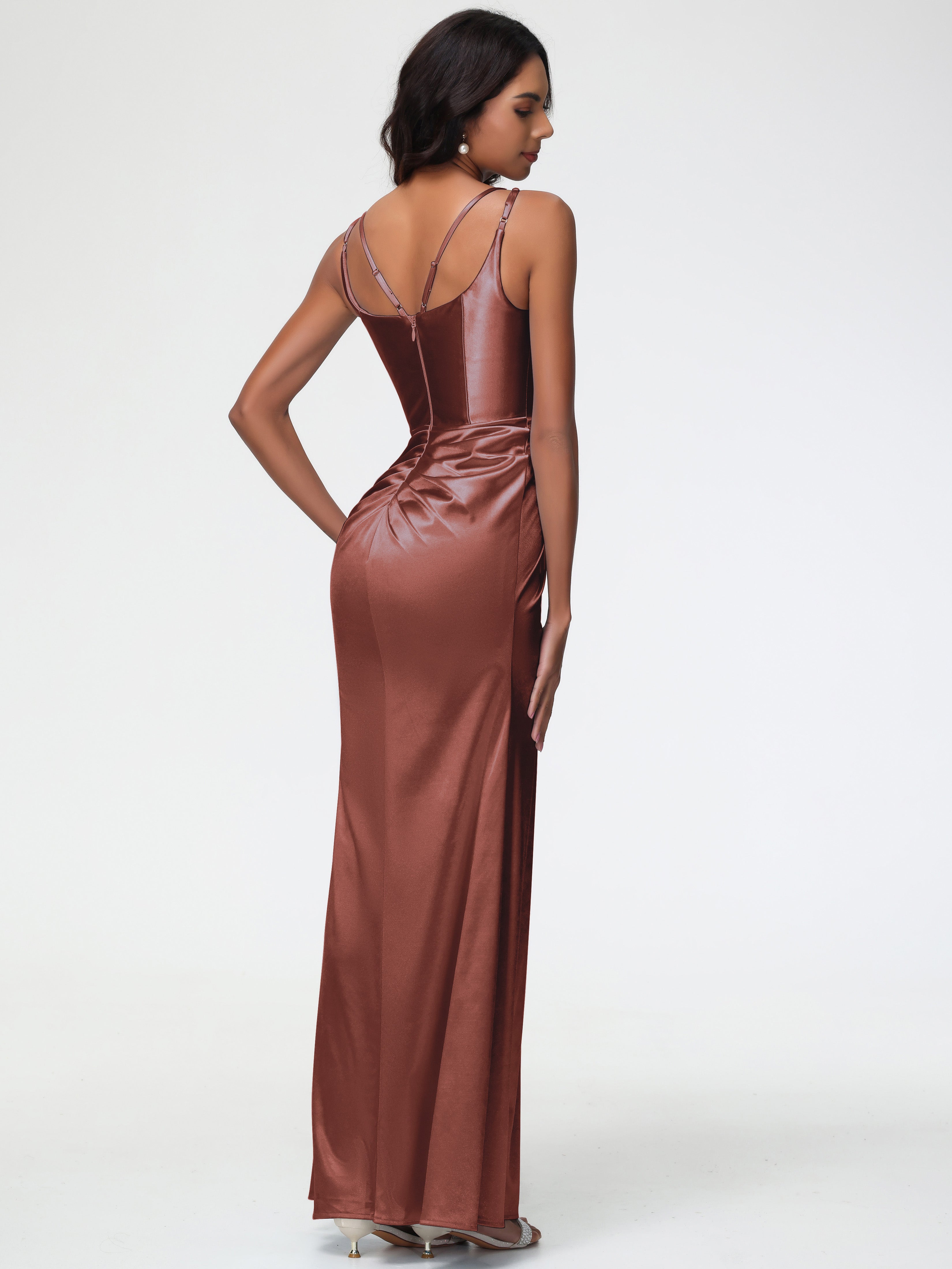 Robes Pour Demoiselles D Honneur Robe Terracotta Col Rond Fendue Fourreau/Colonne Satin Extensible Robe De Demoiselle D'Honneur