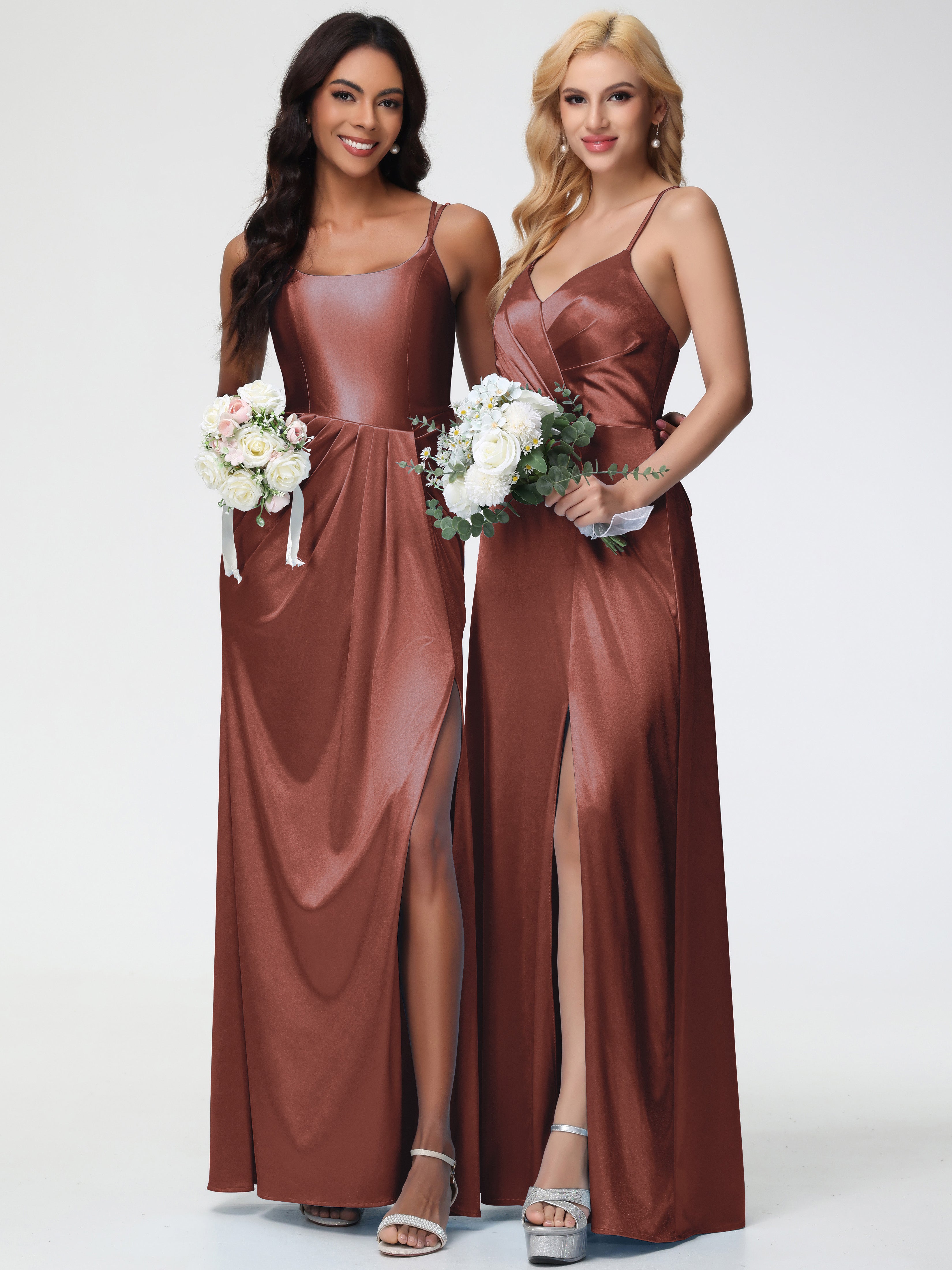 Robes Pour Demoiselles D Honneur Robe Terracotta Col Rond Fendue Fourreau/Colonne Satin Extensible Robe De Demoiselle D'Honneur