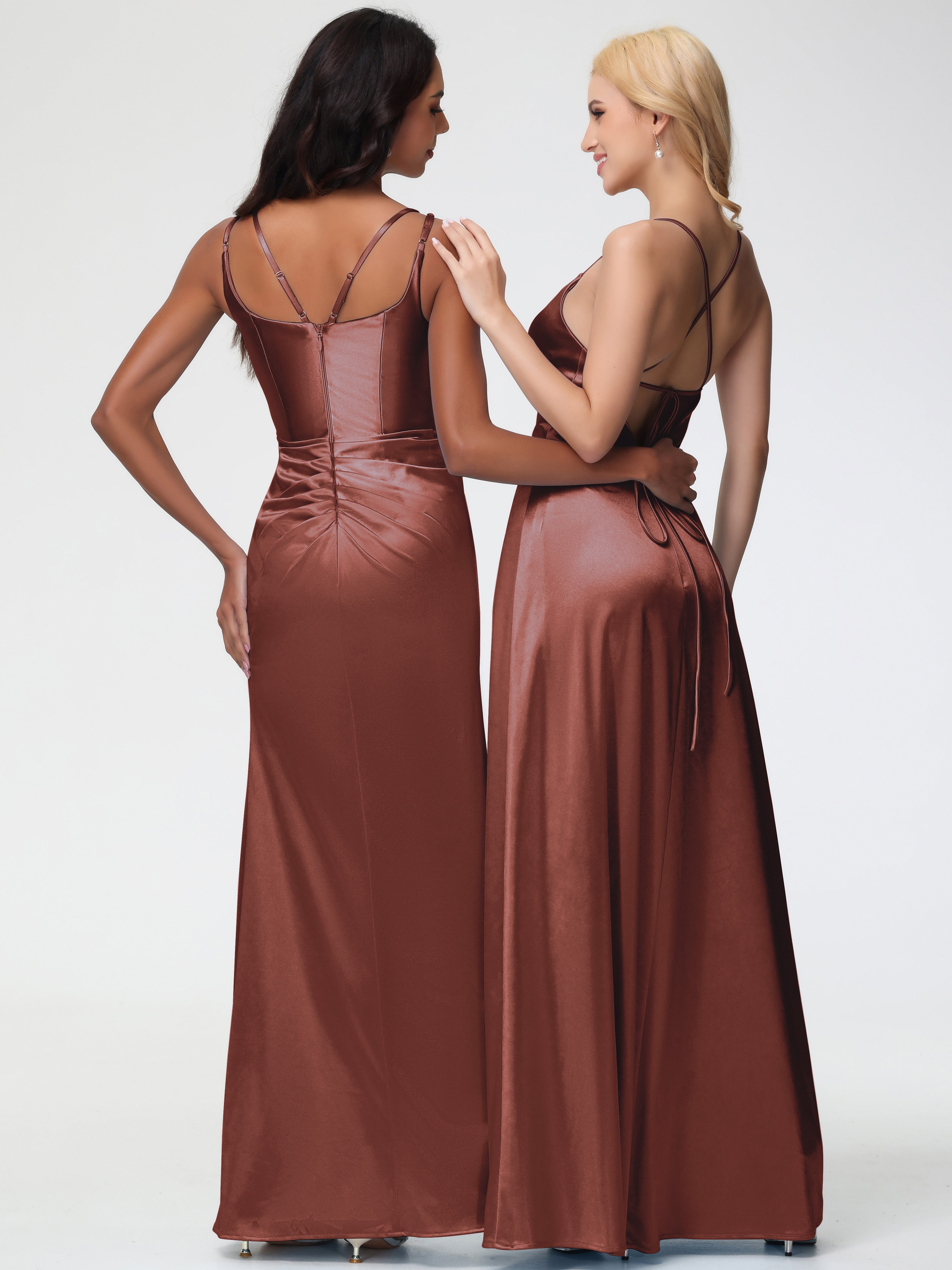 Robes Pour Demoiselles D Honneur Robe Terracotta Col Rond Fendue Fourreau/Colonne Satin Extensible Robe De Demoiselle D'Honneur