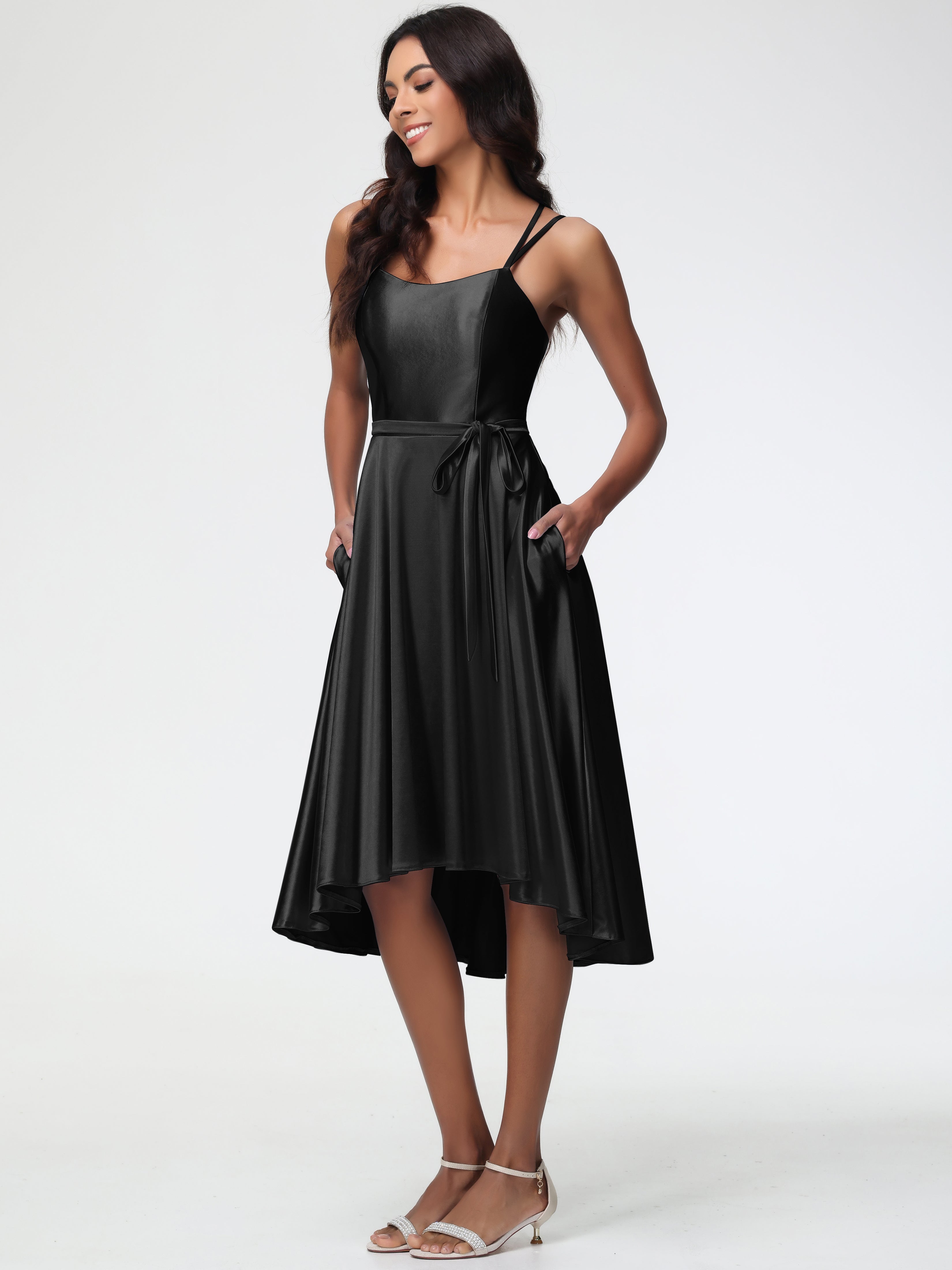 Demoiselle D Honneur Robe Noire Col Rond Satin Extensible Robe Demoiselle D Honneur Asymétrique Courte