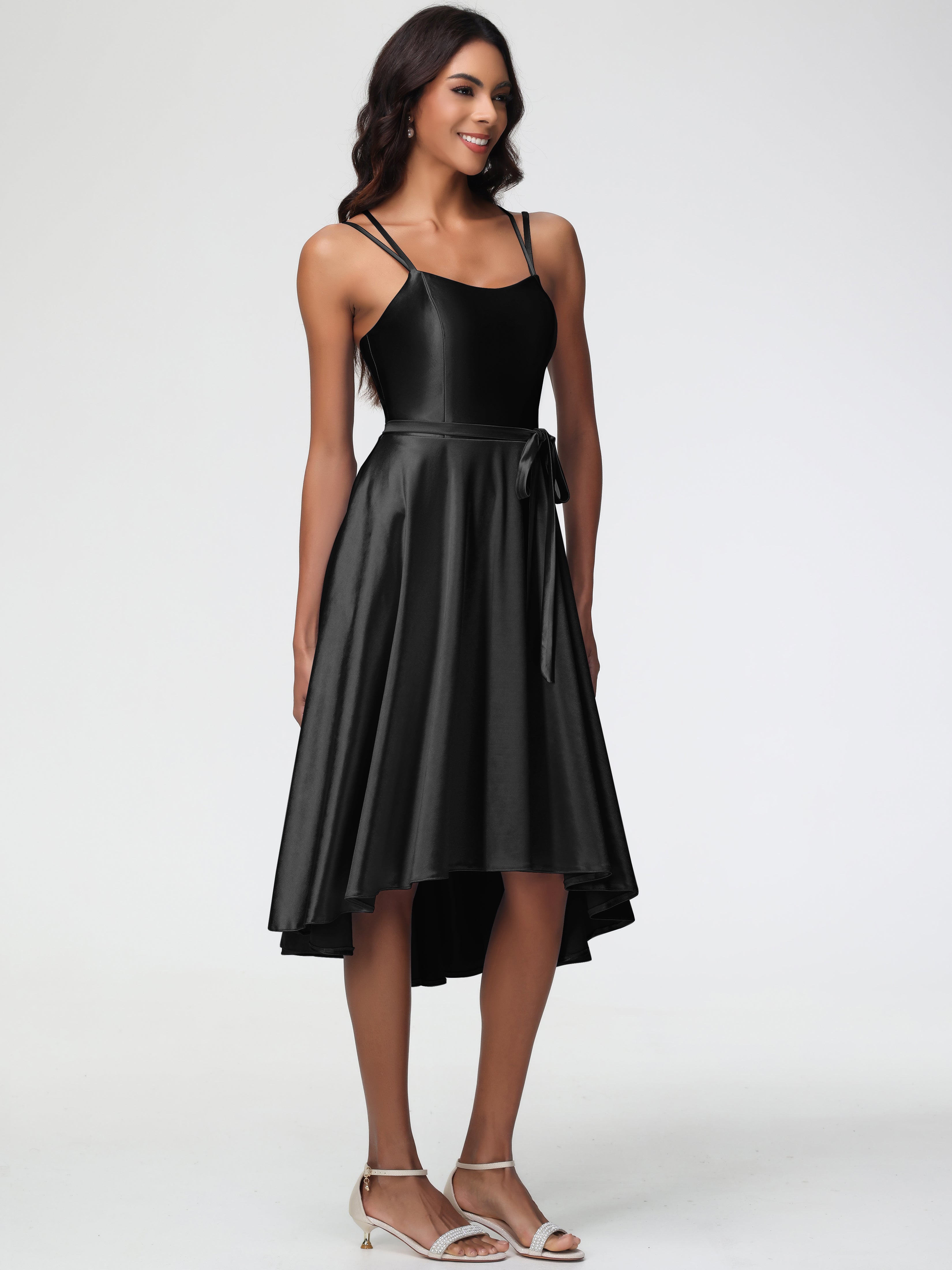 Demoiselle D Honneur Robe Noire Col Rond Satin Extensible Robe Demoiselle D Honneur Asymétrique Courte