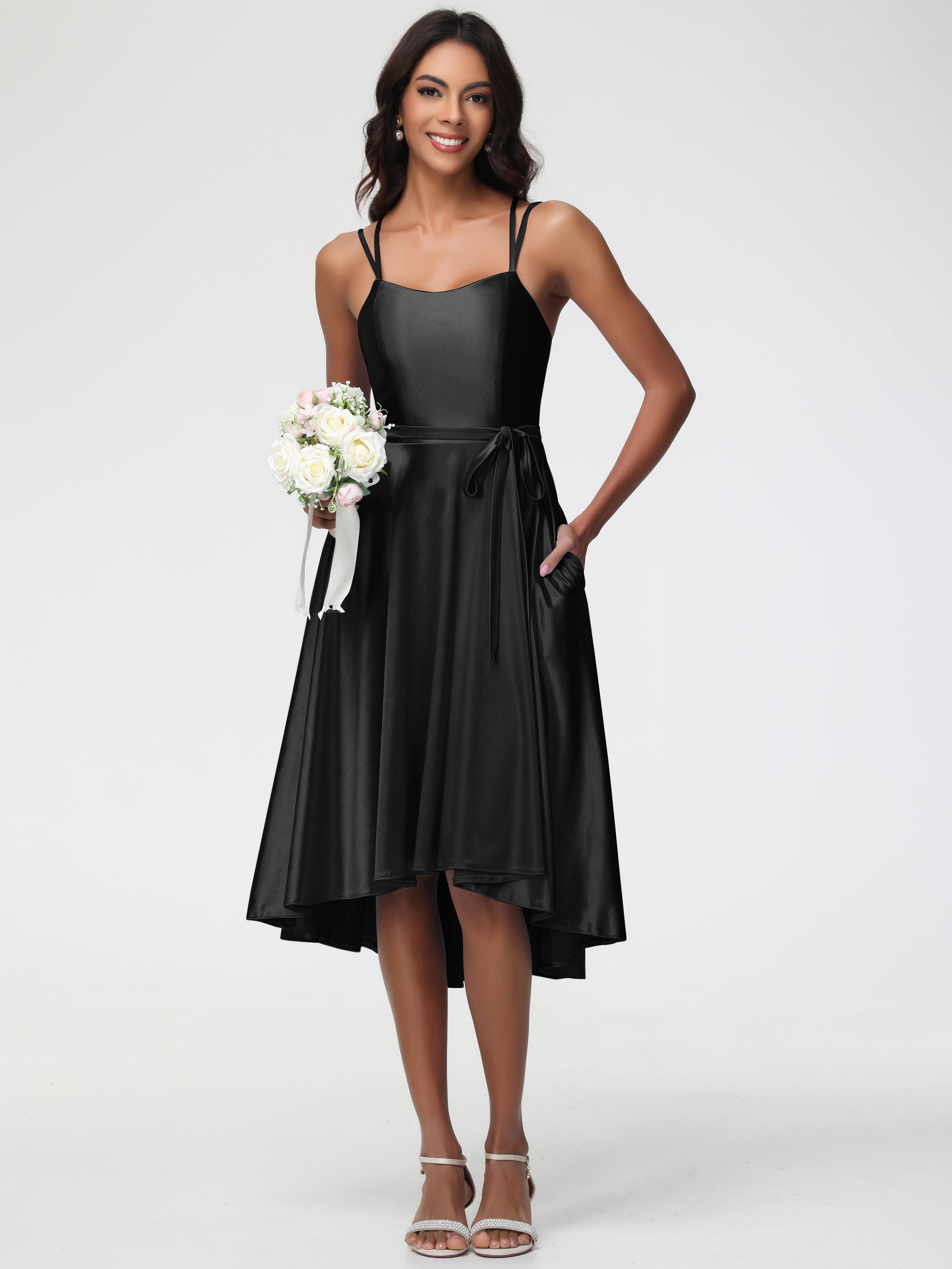 Demoiselle D Honneur Robe Noire Col Rond Satin Extensible Robe Demoiselle D Honneur Asymétrique Courte
